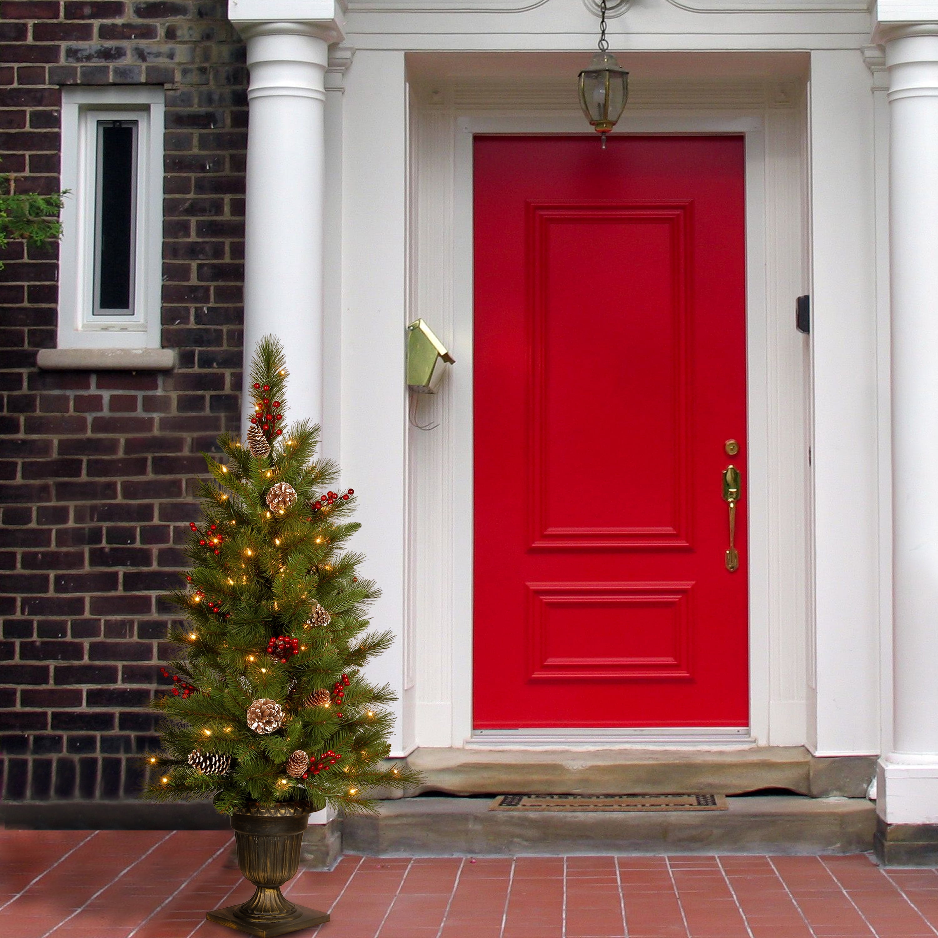 National Tree Company 4 ft. Pre-Lit Feel Real® Pre-Lit Artificial Bristle Berry Pine Christmas Entrance Tree, Green, Red Berries, Frosted Pinecones, 100 Clear Lights, Bronze Pedestal Urn