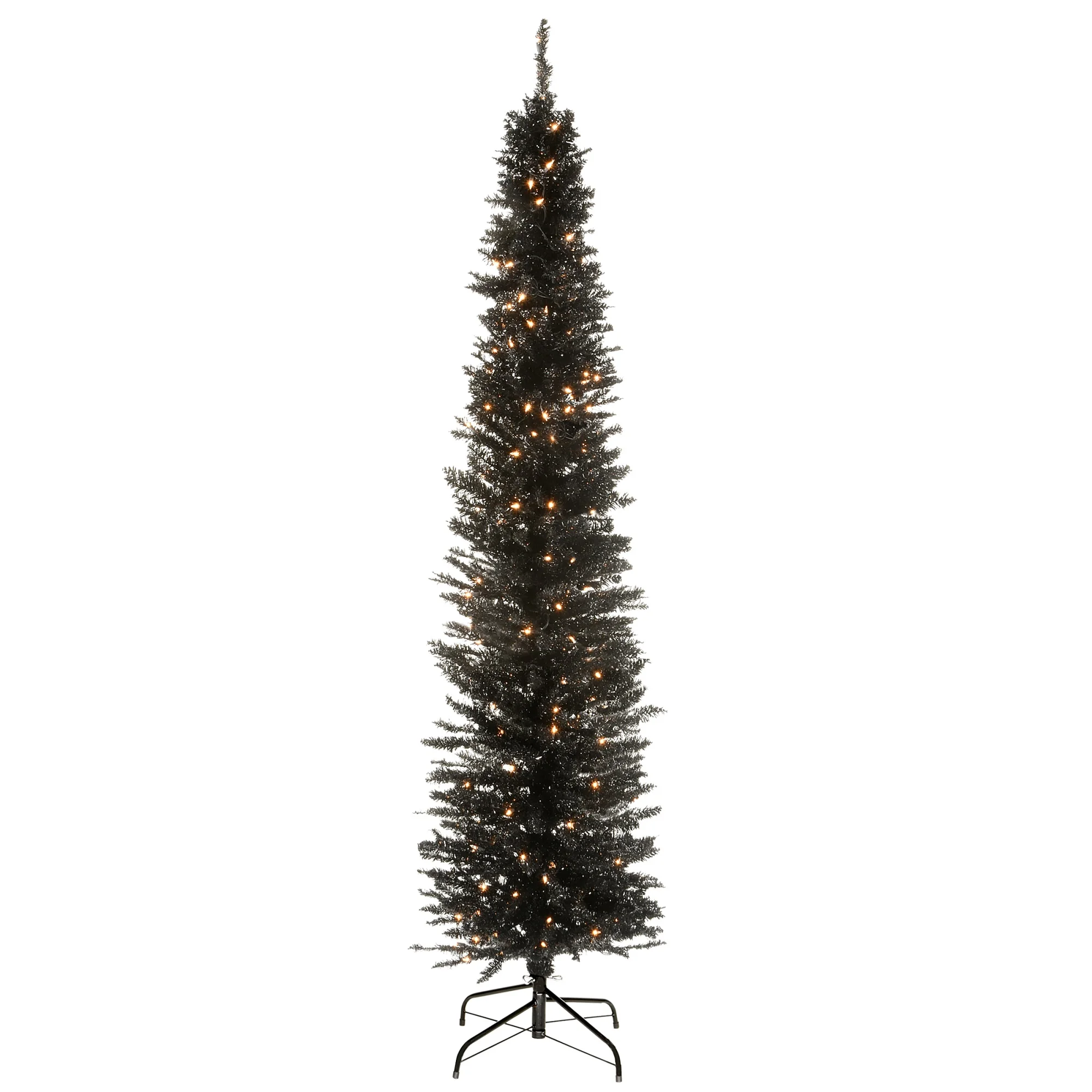 6 ft. Pre-Lit Pencil Black Tinsel Artificial Christmas Tree with 150 Clear Lights, Includes Metal Stand