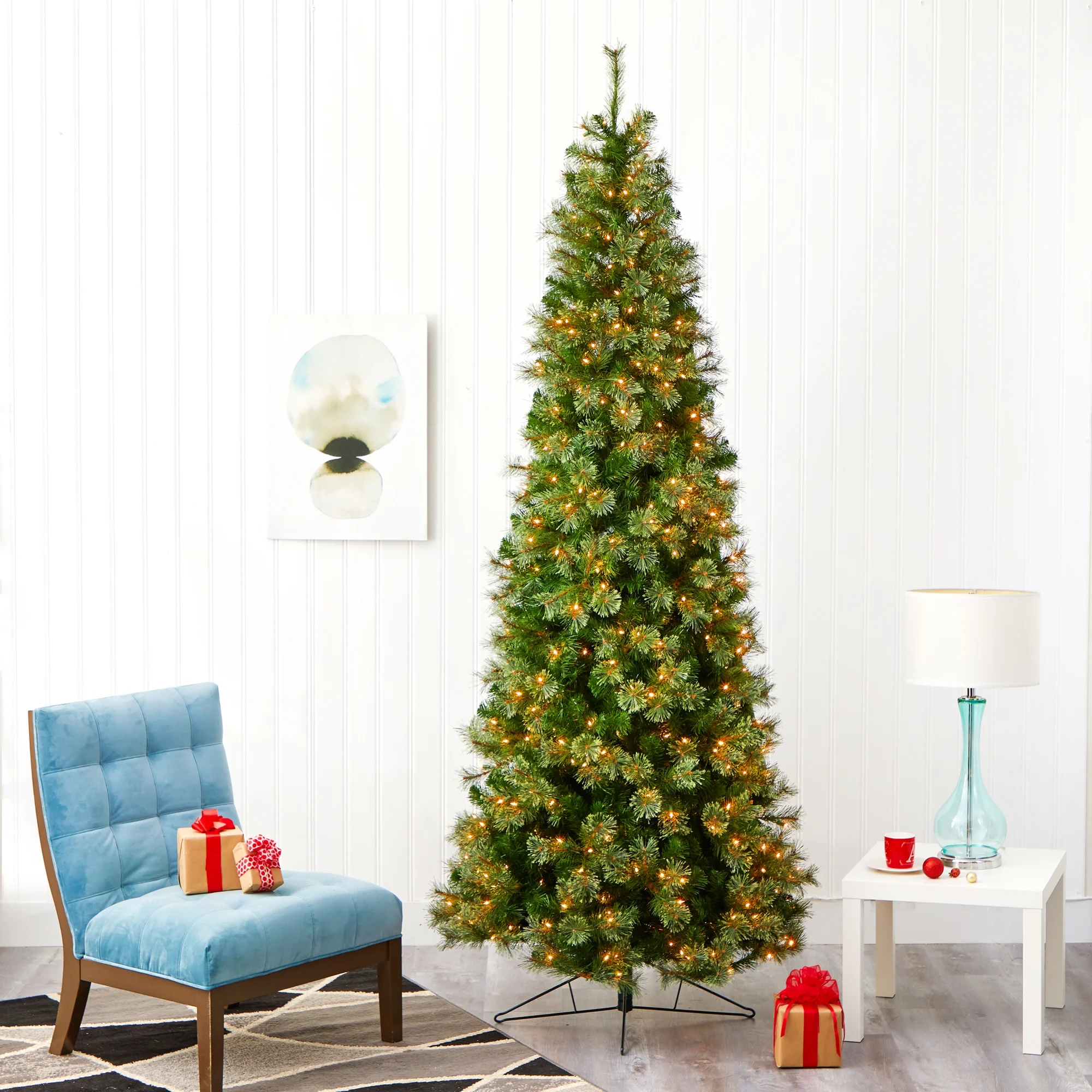 Nearly Natural Green 9' Cashmere Slim Artificial Christmas Tree with 550 Clear Prelit Incandescent Lights