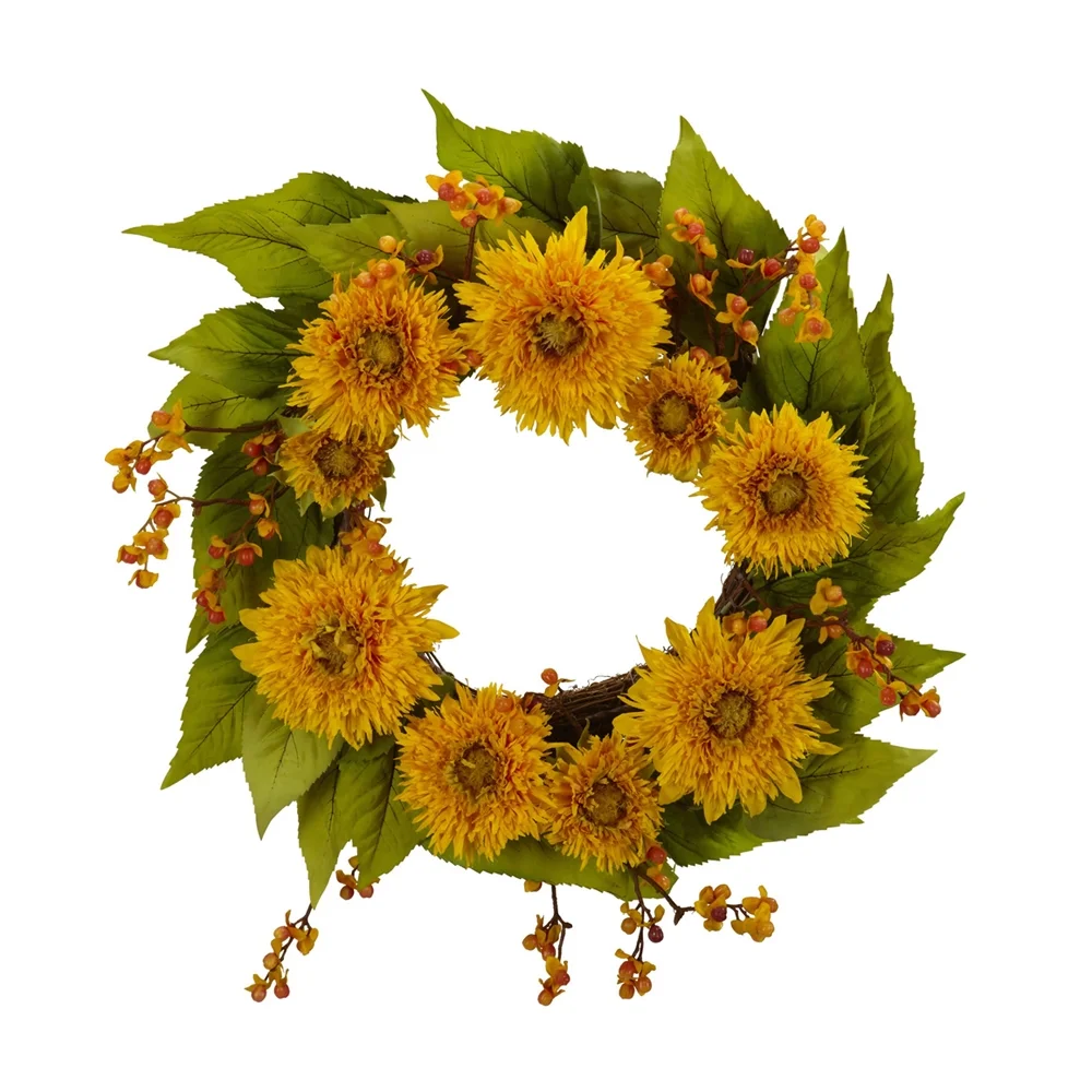 Nearly Natural 22in. Golden Sunflower Polyester Artificial Wreath (Assorted Colors)