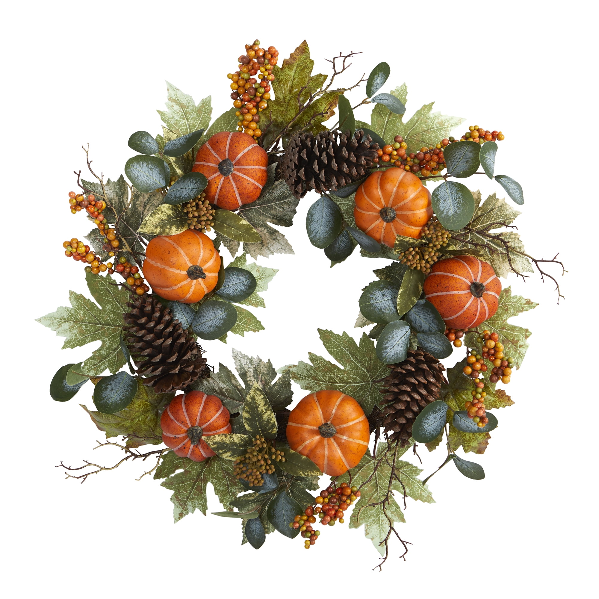 Nearly Natural 24 in. Pumpkins and Pine Cones Plastic Artificial Wreath, Multicolor