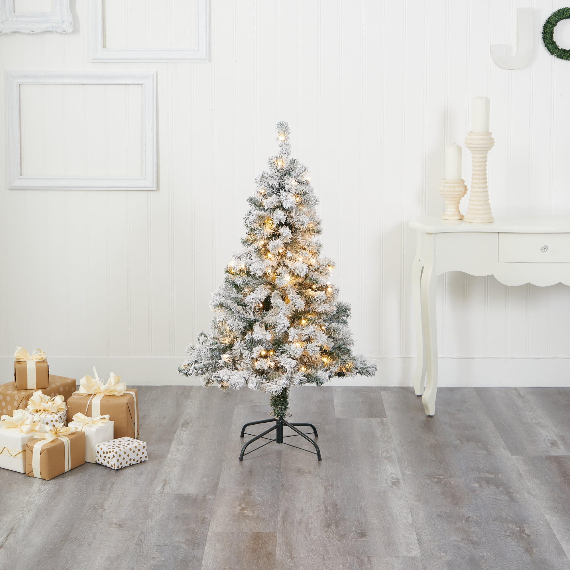 Nearly Natural 4' Green Flocked Spruce Artificial Christmas Tree Prelit 100 Clear LED Lights