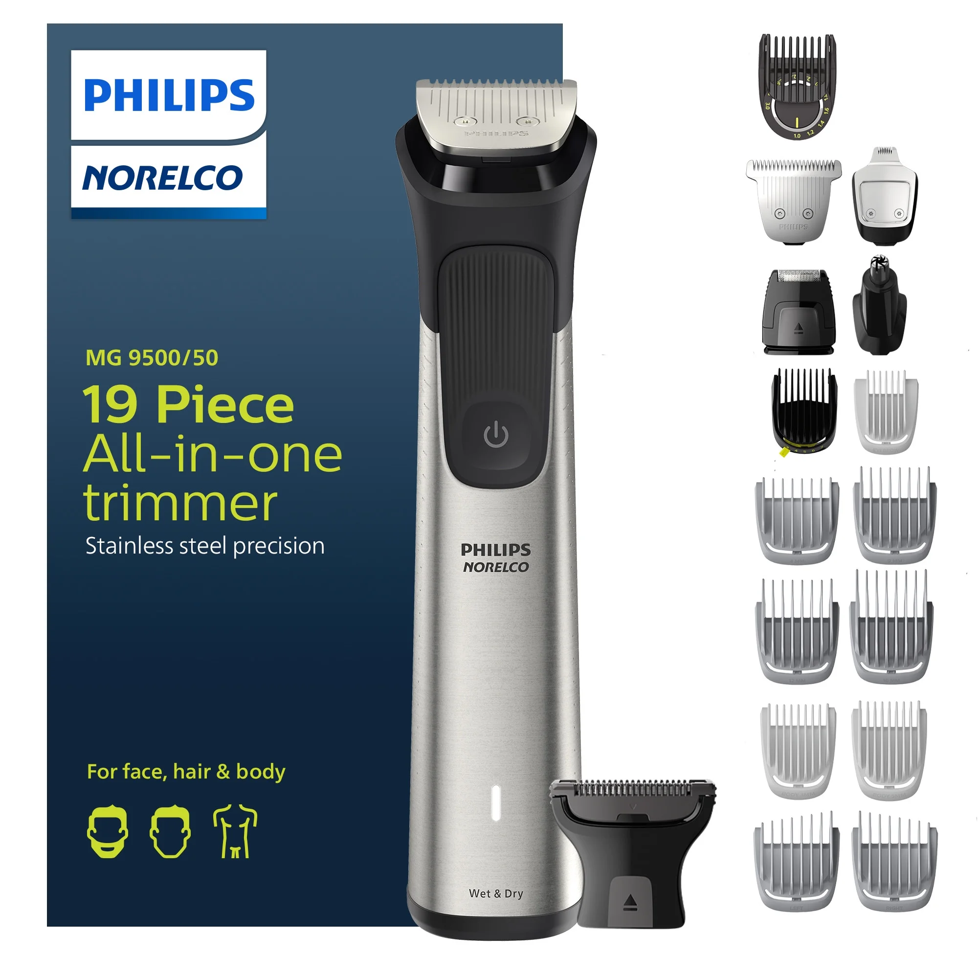 New Philips Norelco 9000, Men'S All In One Trimmer For Beard, Head, Hair, Face, Body, and Groin - No Blade Oil Needed, MG9500/50