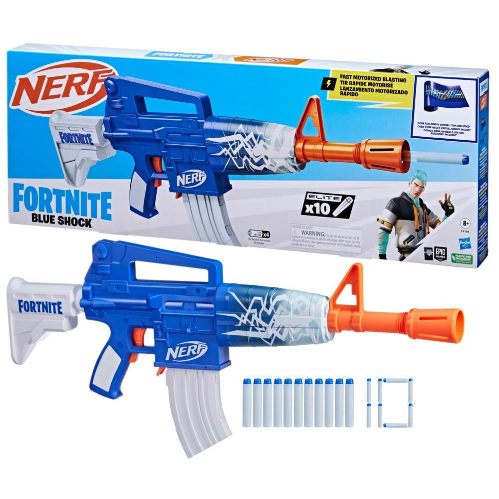 Nerf Fortnite Blue Shock Dart Blaster, 10-Dart Clip, 10 Elite Nerf Darts, Unlock Code, Boys and Girls, Ages 8 and up
