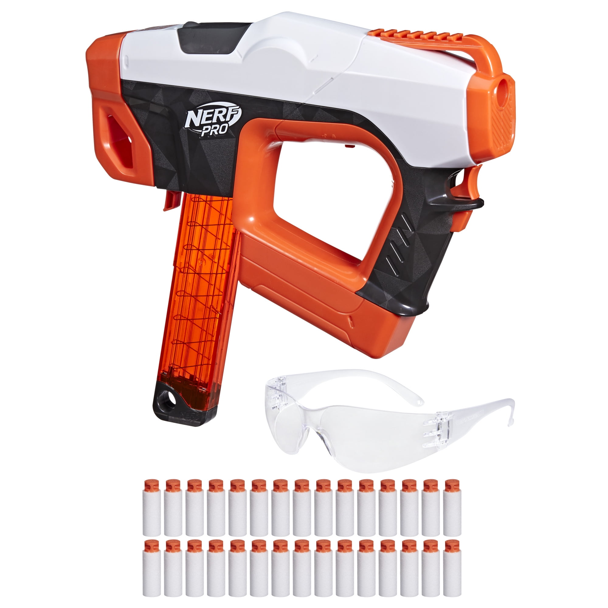 Nerf Pro Sender Half-Length Semi Auto Dart Blaster, 30 Nerf Pro Half-Length Darts, Magazine, 14+