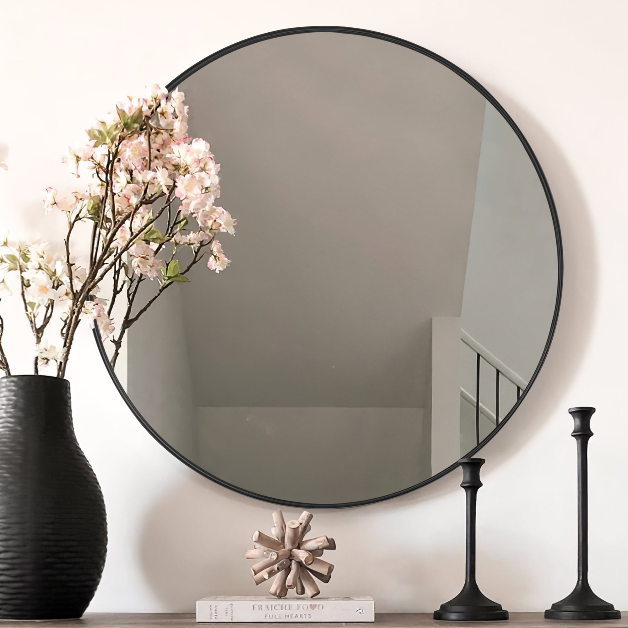 Aluminum Alloy Round Deep Mirror Hanging Mirror Decorative Mirror for Bedroom, Vanity Washrooms,32",Black