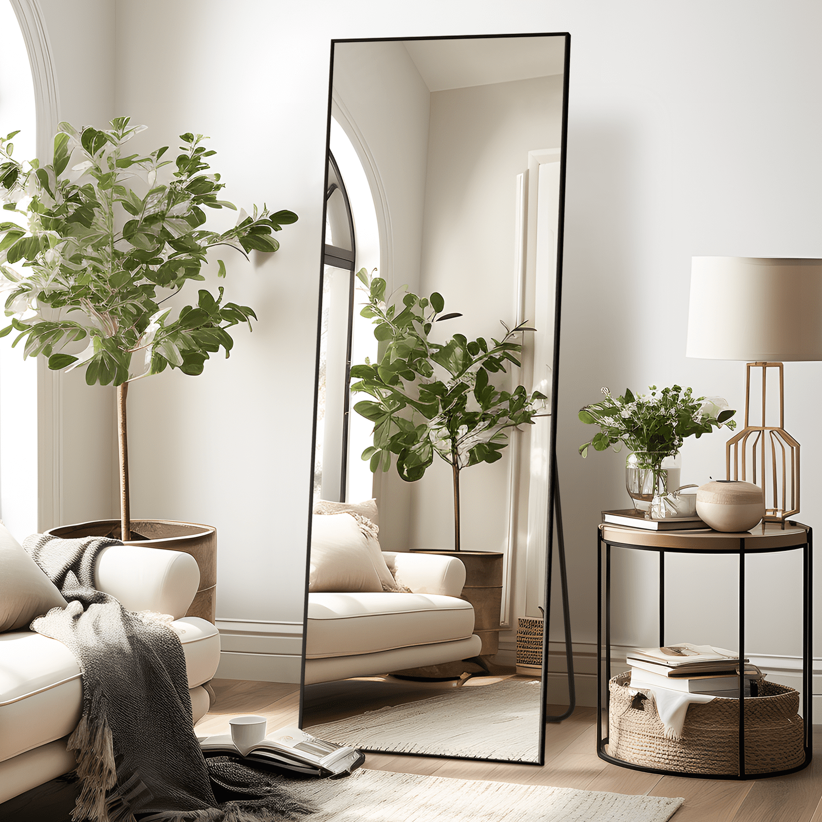 64x21 Modern Rectangle Aluminum Alloy Frame Full Length Mirror Floor Mirror with Stand,Black