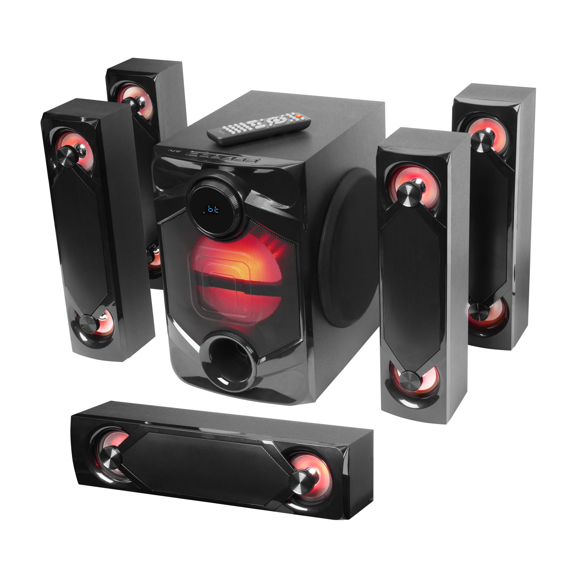 Nyne NHT5.1RGB 5.1 Channel Surround Sound Home Audio Theatre System – for TV, Bluetooth, LED, USB, SD, RCA Out In, 8 inch Active Subwoofer, 6 inch Passive Radiator, Soundbar, Cinema Acoustics