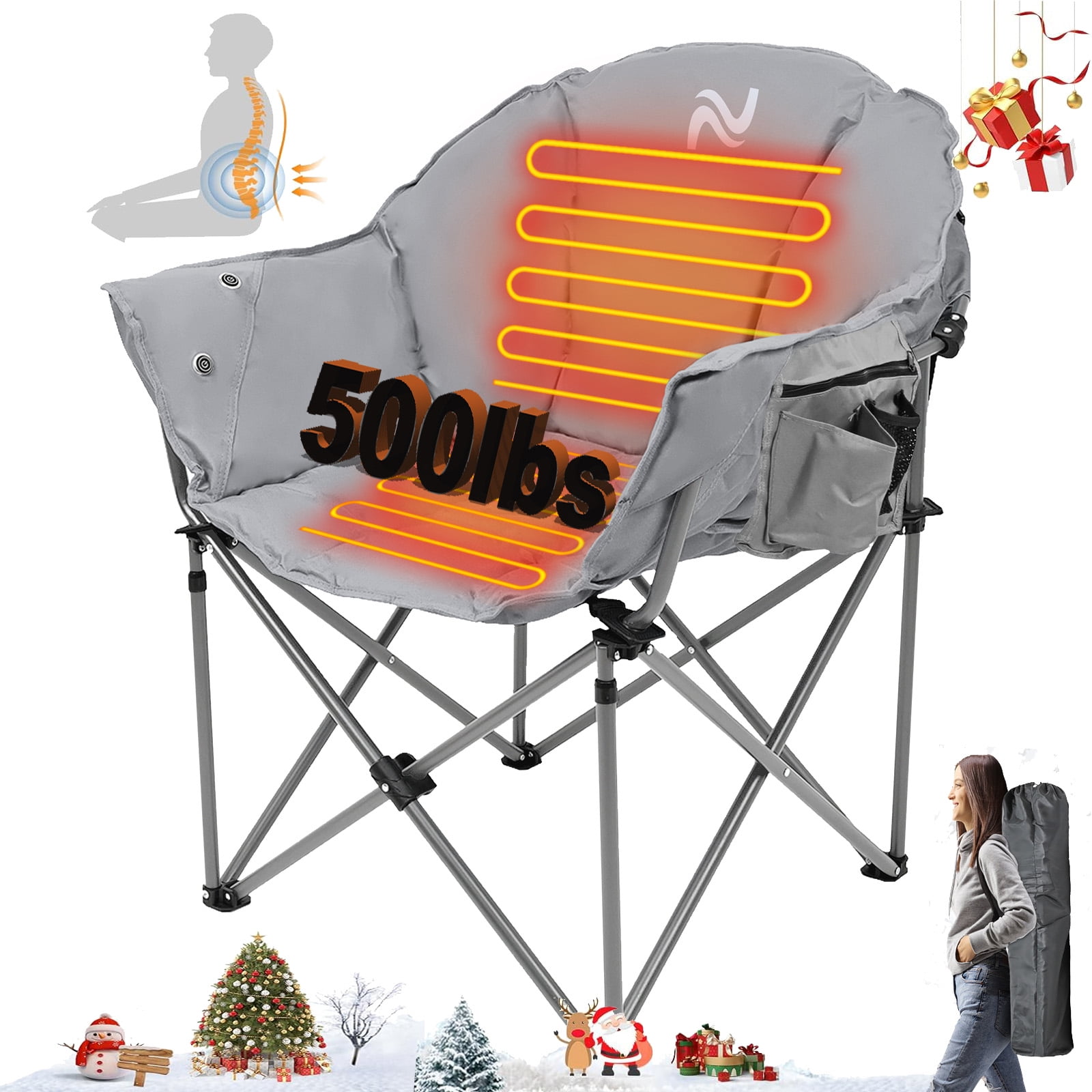 NAIZEA Oversized Heated Camping Chair, Patio Lounge Chairs with 3 Heat Levels, Portable Folding Heated Chair Round Moon Saucer Folding Lawn Chair Outdoor Chair for Camping, Lounge Patio