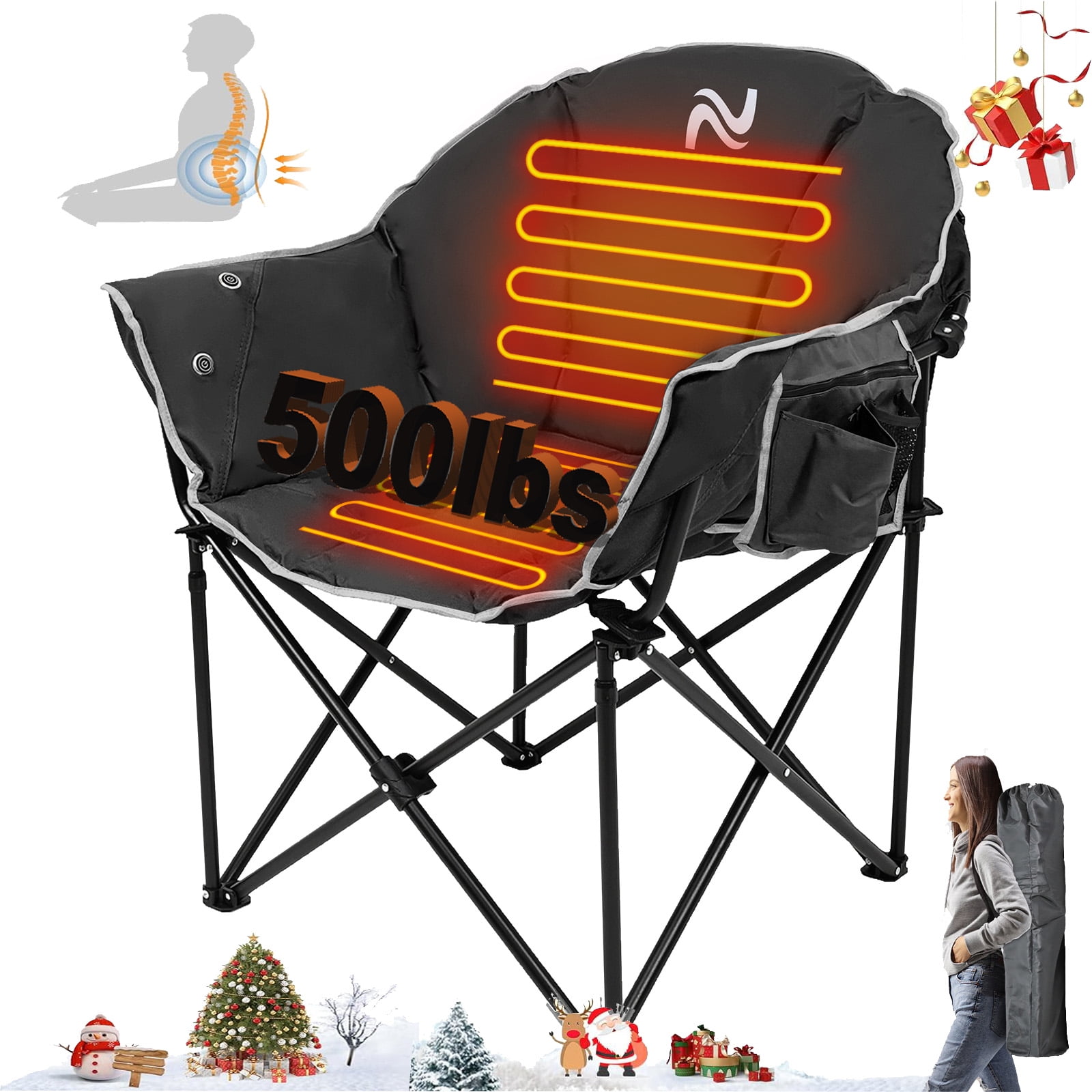 NAIZEA Extra Wide Heated Portable Camping Chair, 3 Heat Levels, Folding Moon Saucer Lawn Chair for Outdoor