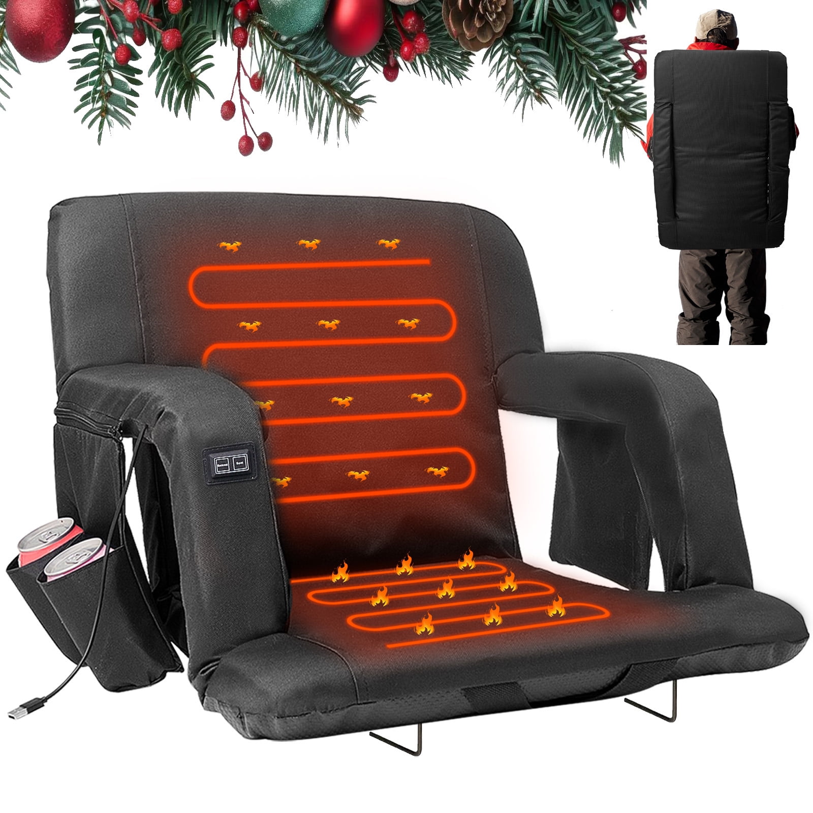 NAIZEA Double Heated Stadium Seat with Back & Arm Support, Portable 6 Reclining Positions Bleacher Chair