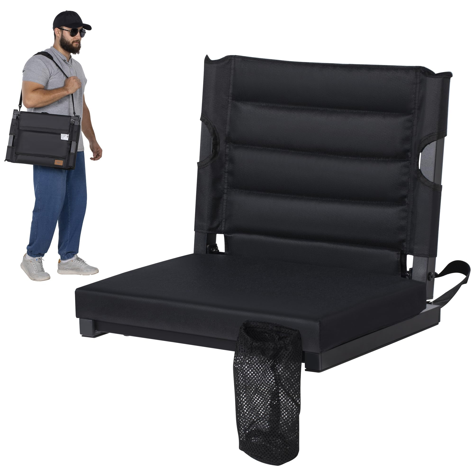 Nalone Stadium Seats for Bleachers with Back Support, Bleacher Seats with Backs and Extra Thick Padded Cushion, Includes Shoulder Straps Carry Handle, and Cup Holder Side Pockets (Black)