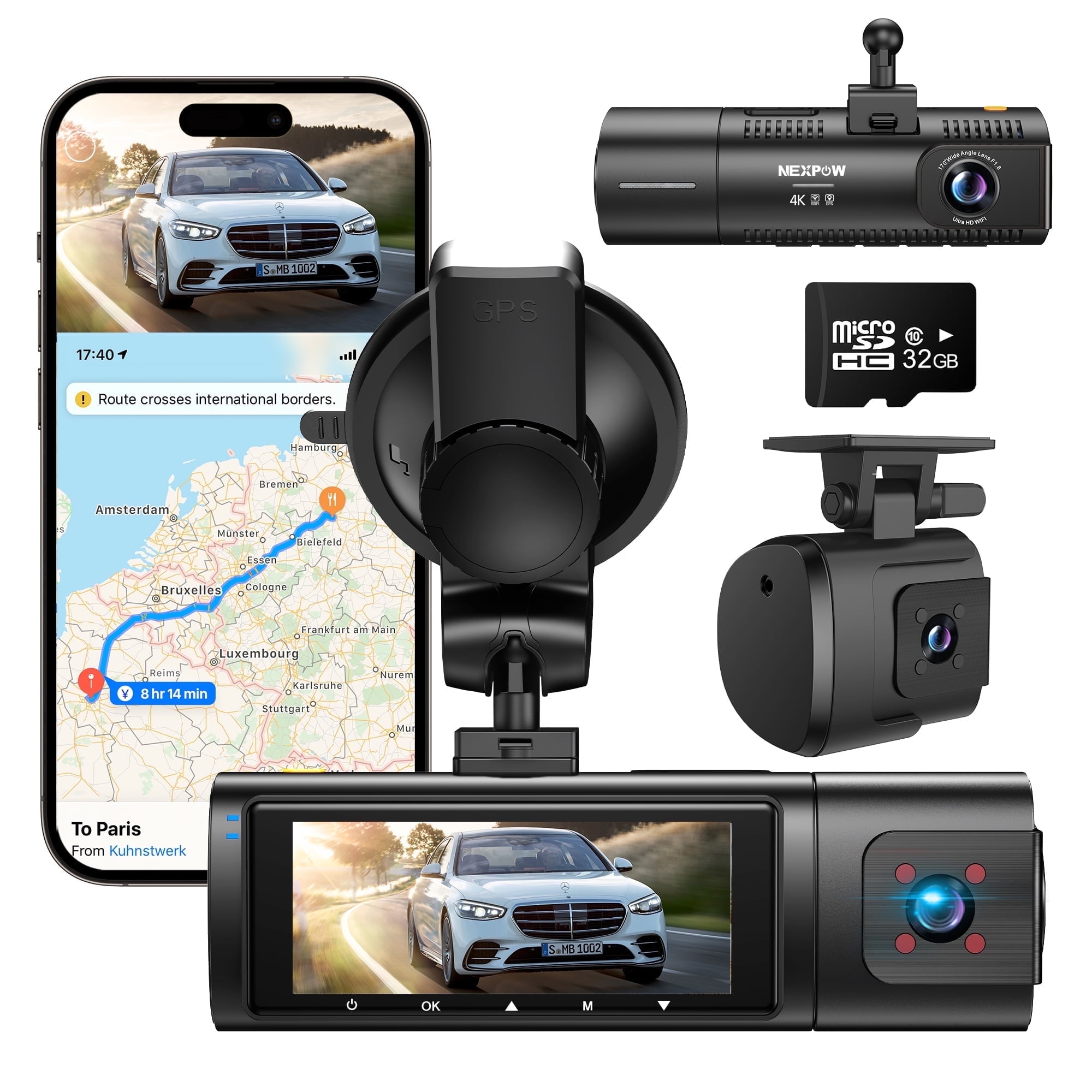 NEXPOW Dash Cam Front and Rear, 4K Full HD Dash Camera with Built-in WiFi GPS, Super Night Vision, WDR, 24H Parking Mode, 32GB Card Included