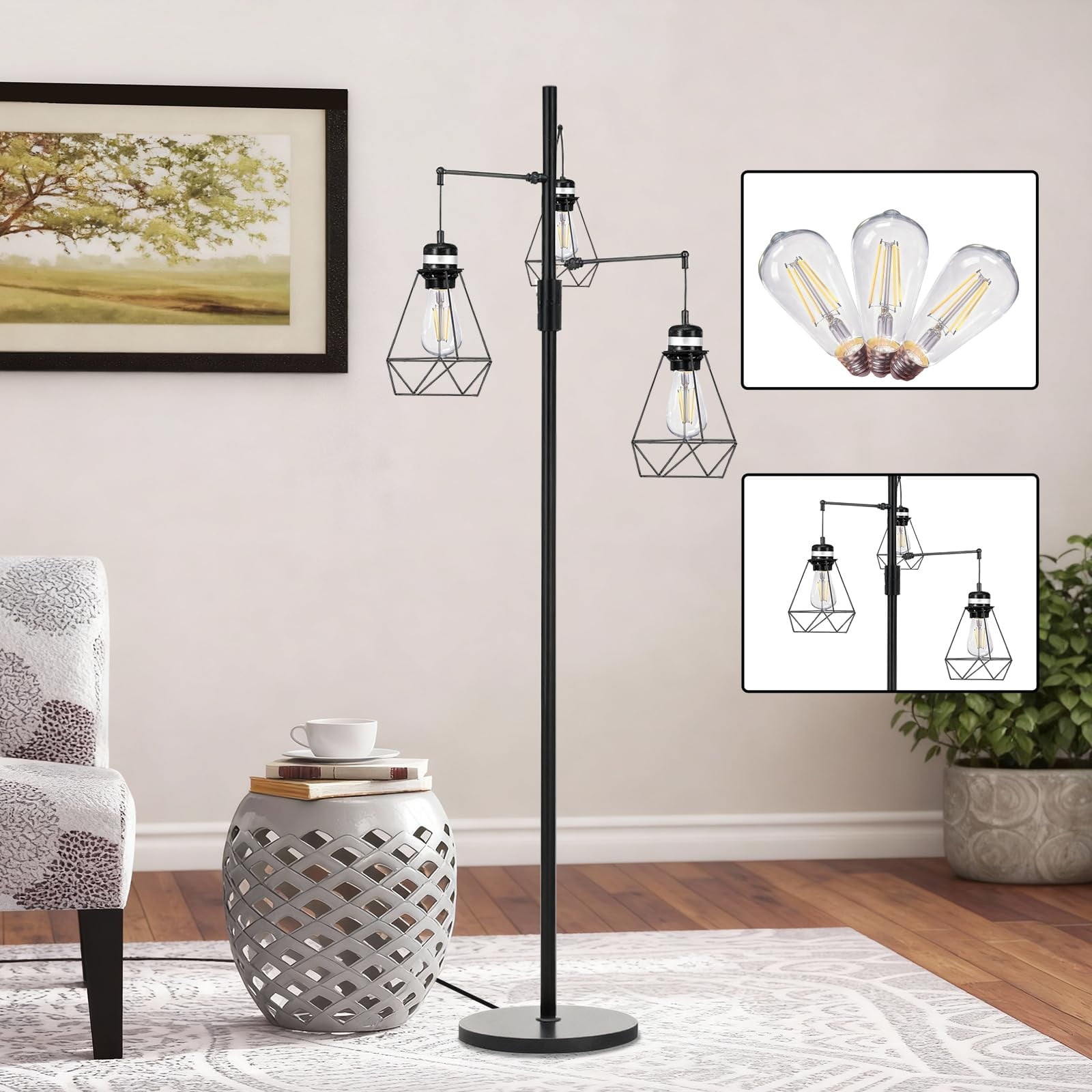 Trihead Tree Floor Lamp W. Stepless Dimming, Vintage Dimmable Standing Light for Living Room/Office, 3x Edison Bulbs Incl.