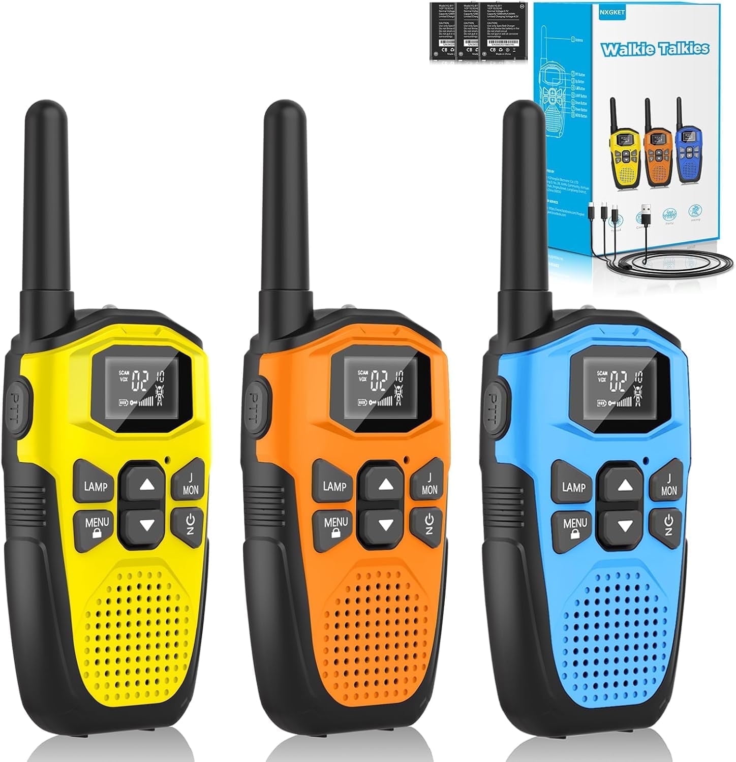 NXGKET Walkie Talkie Long Range 3 Pack ,Rechargeable 22 Channels Walky Talky 2 Way Radio with Built-in Batteries Gift for Kids Adults Camping