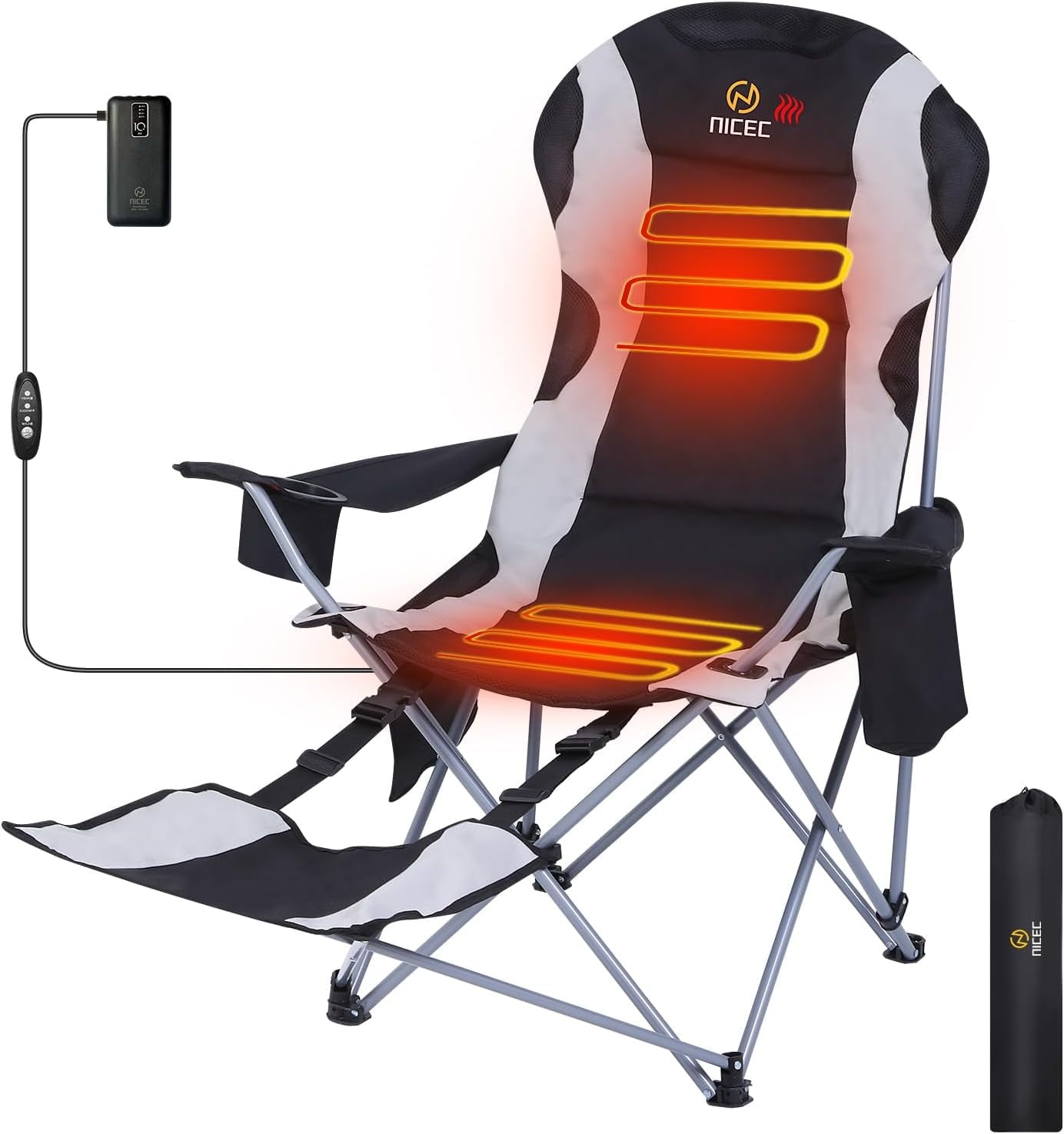 Nice C Heated Camping Chair, Heated Chairs Outdoor, Folding Chair, Detachable Foot-Rest 1-Pack Black