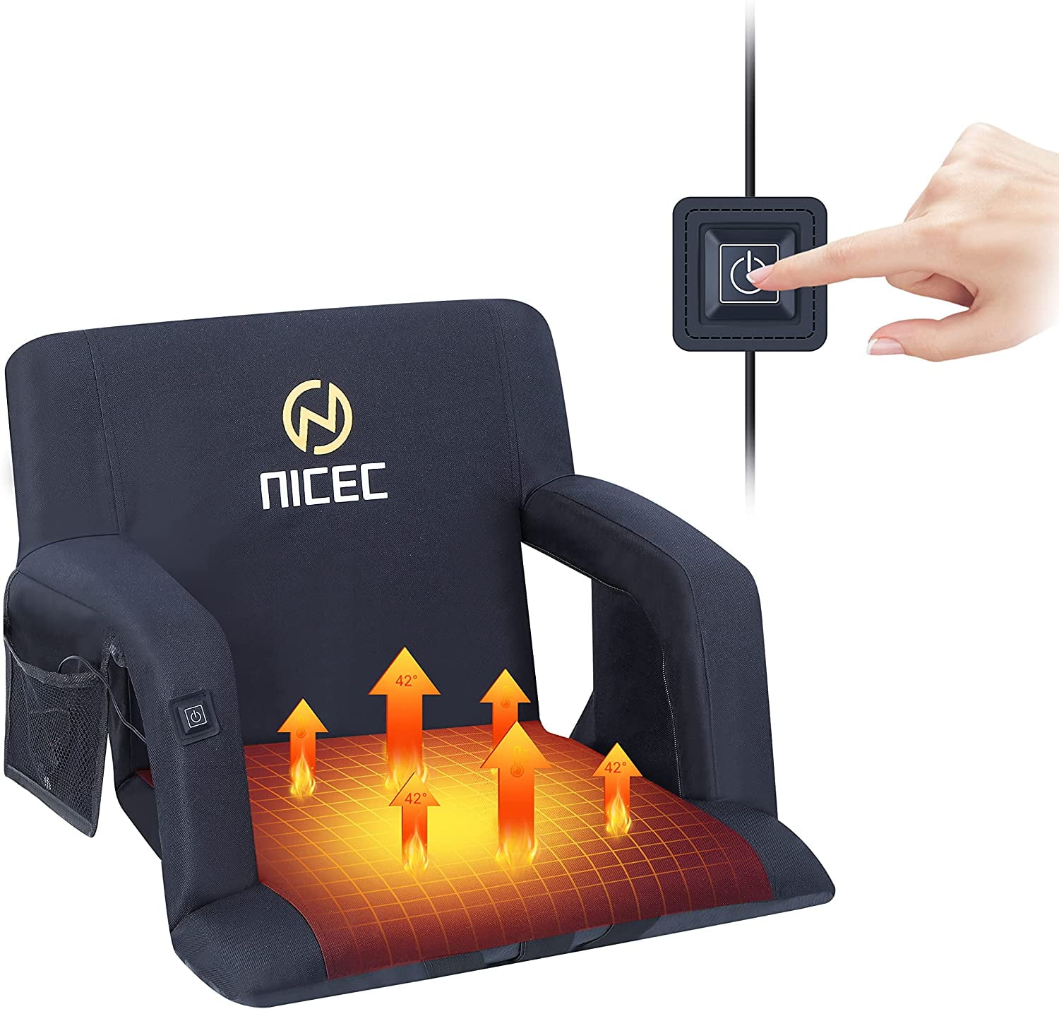 Nice C Heated Stadium Seats, Bleacher Chairs, 5 Reclining Positions Waterproof Cushion, Upgraded Ultralight, Foldable, Extra Thick Padding, with Shoulder Straps & Net Pockets(One Black,NO POWER BANK)