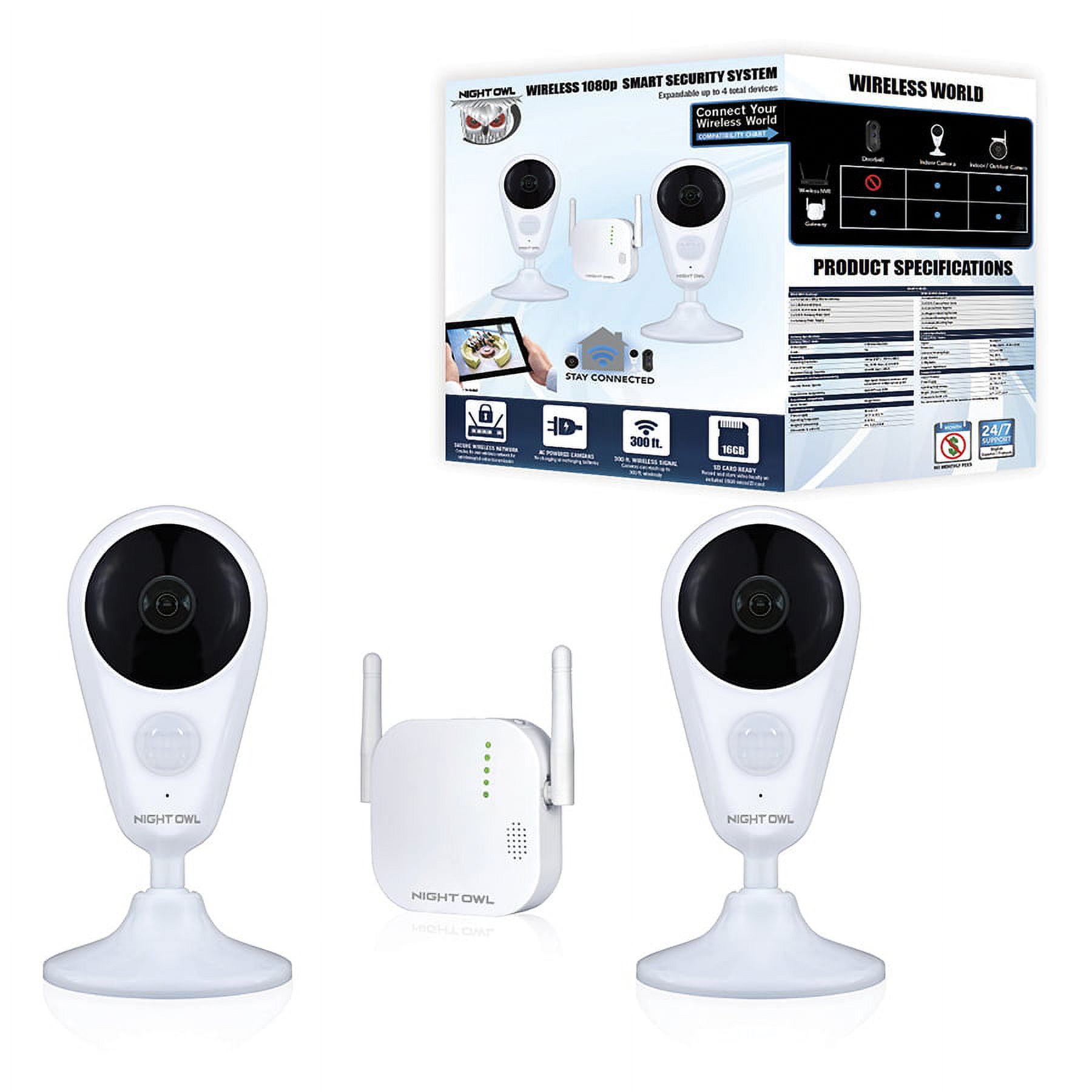 Night Owl 4 Channel 1080p HD Wireless Gateway with 16GB microSD Card and 2 AC Powered Indoor Wireless Cameras