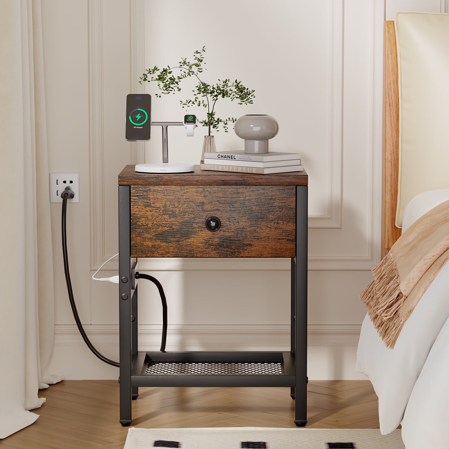 Behost Rustic Brown Nightstand with Charging Station, Side Table with Fabric Drawer, 3 Tiers End Table for Living Room, Bedroom