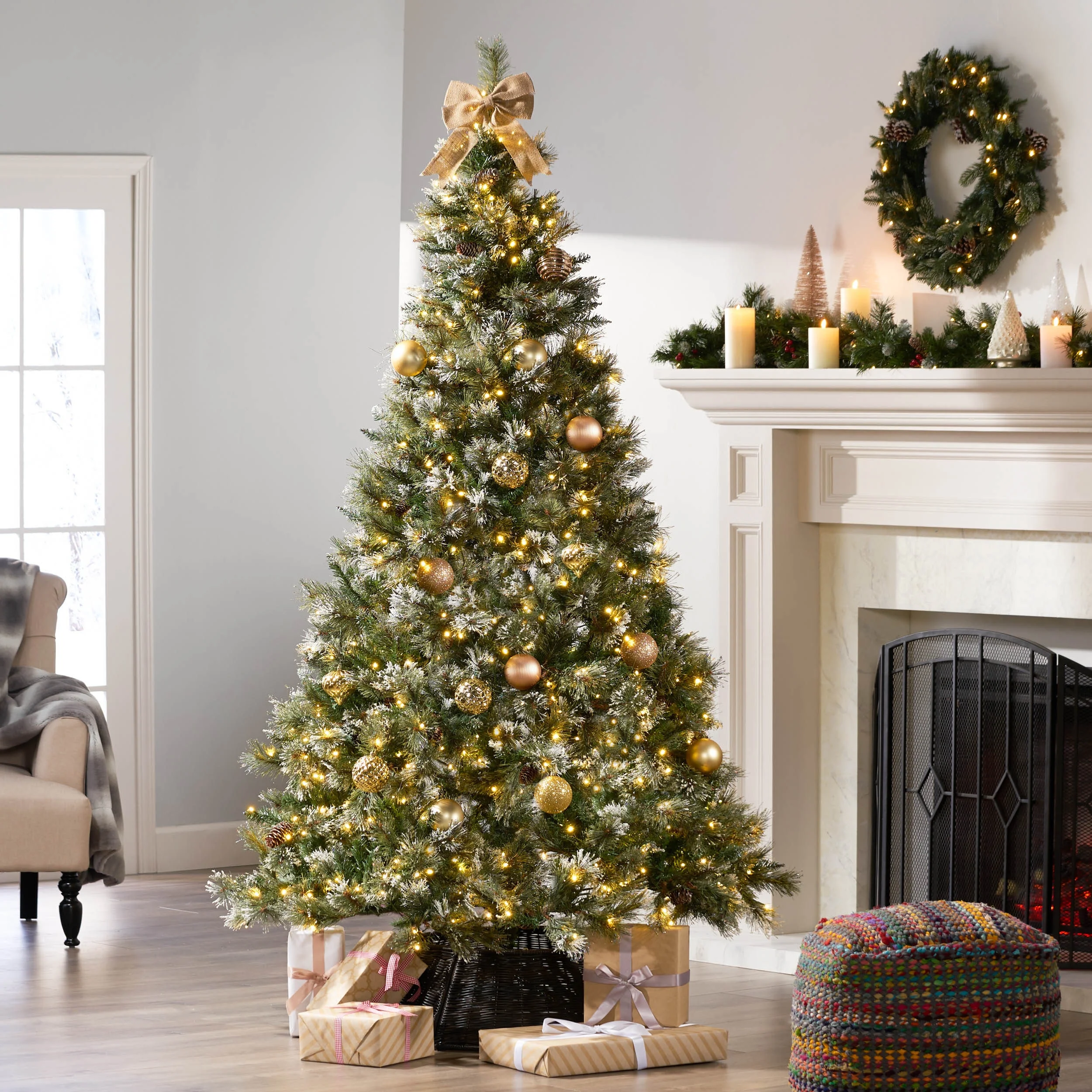 Noble House Pre-Lit 7' Cashmere Pine and Mixed Needles Clear LED Hinged Artificial Christmas Tree Snow and Glitter Branches and Frosted Pinecones
