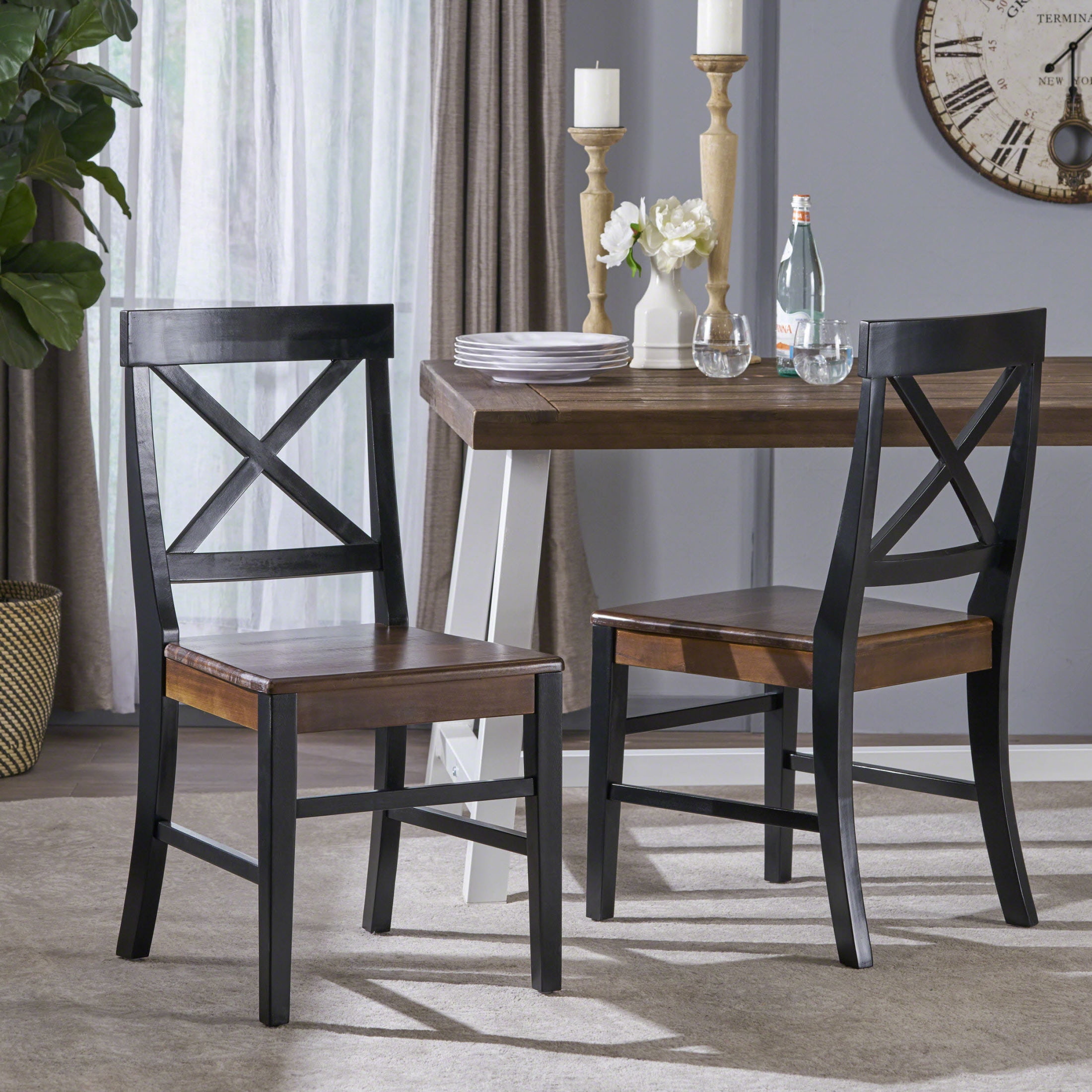 Bono Acacia Wood Dining Chairs, Set of 2, Black/Walnut