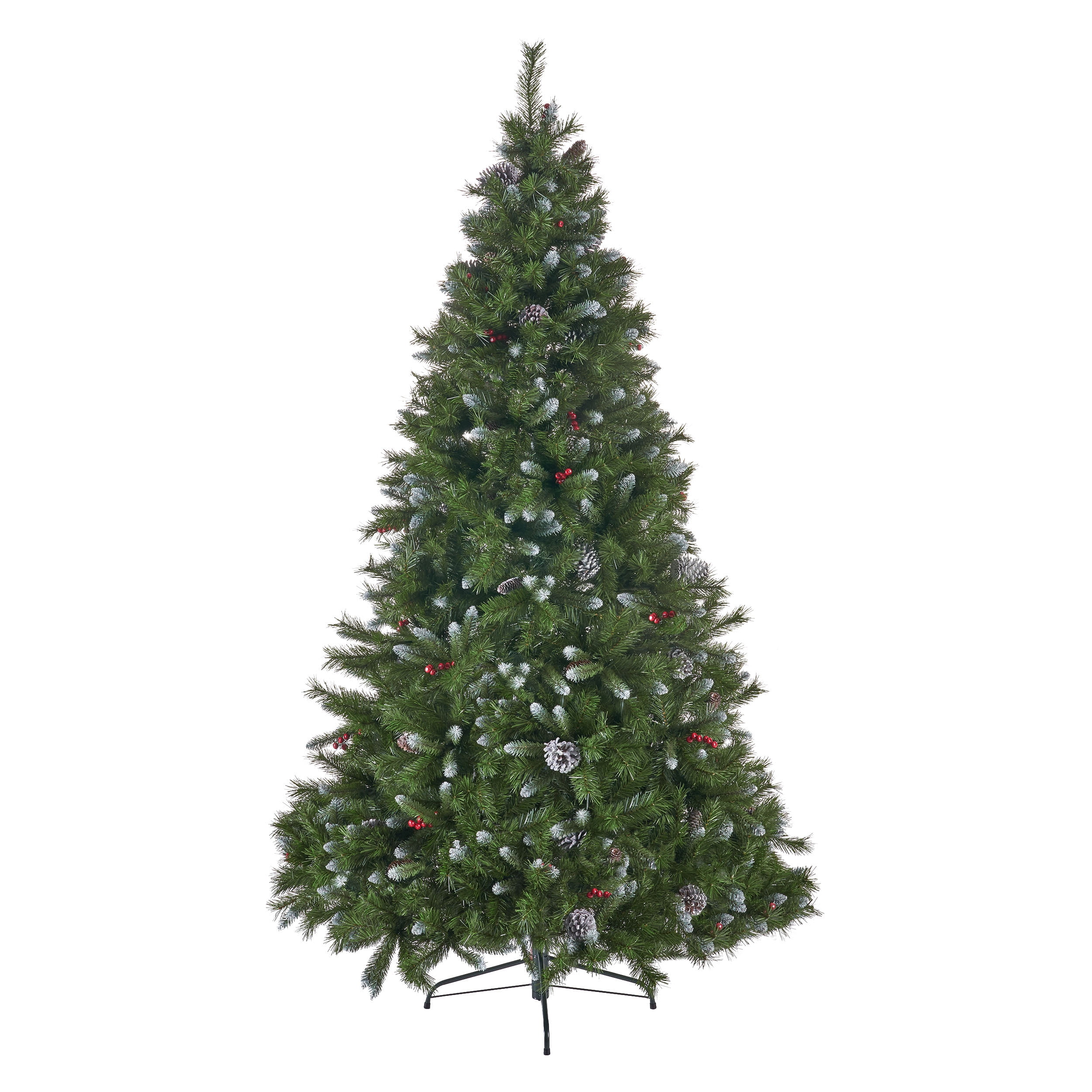 Noble House 7-foot Mixed Spruce Unlit Hinged Artificial Christmas Tree with Frosted Branches, Red Berries, and Frosted Pinecones