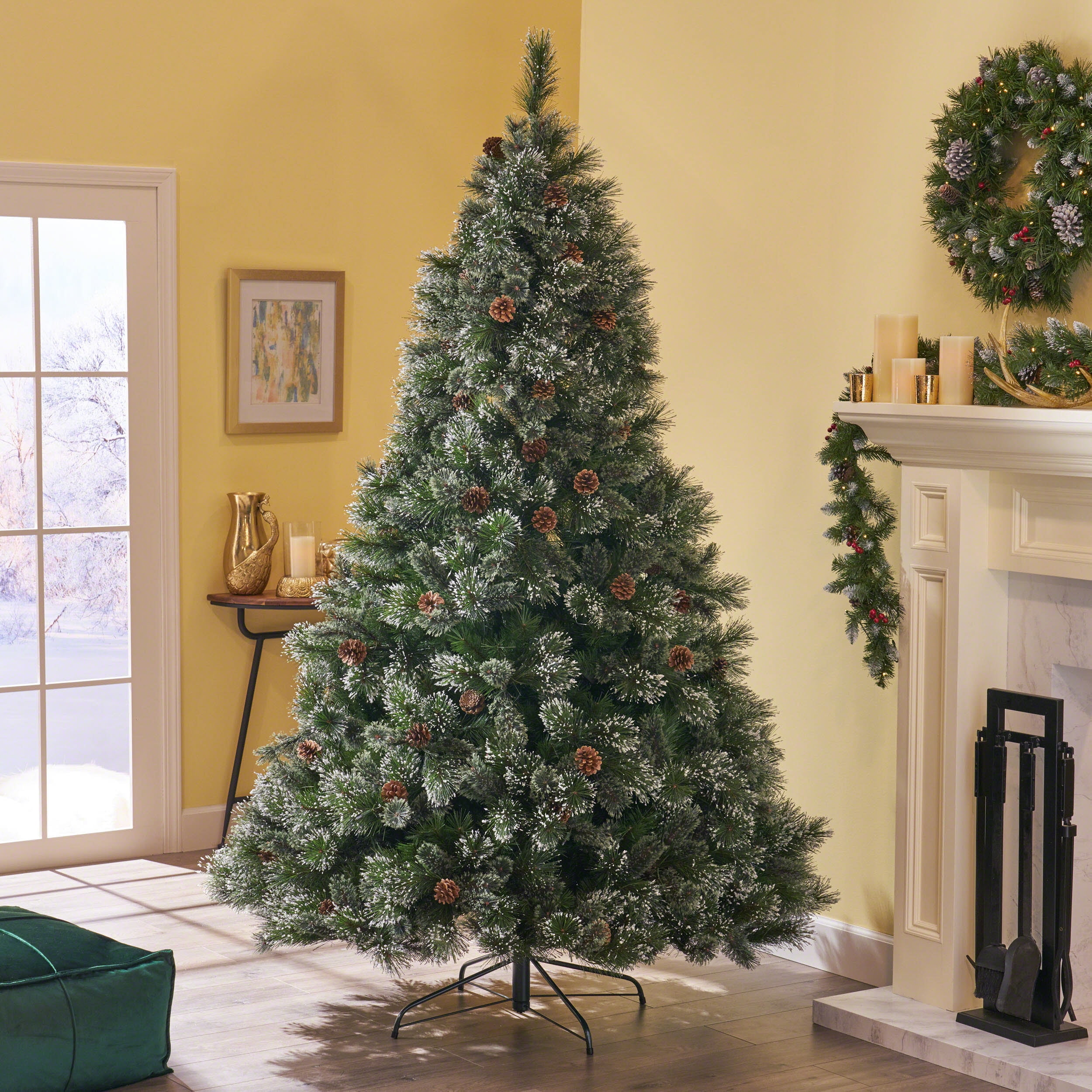 Noble House 7 Foot Artificial Cashmere Pine and Mixed Needles Christmas Tree with Snowy Branches and Pinecones, Green