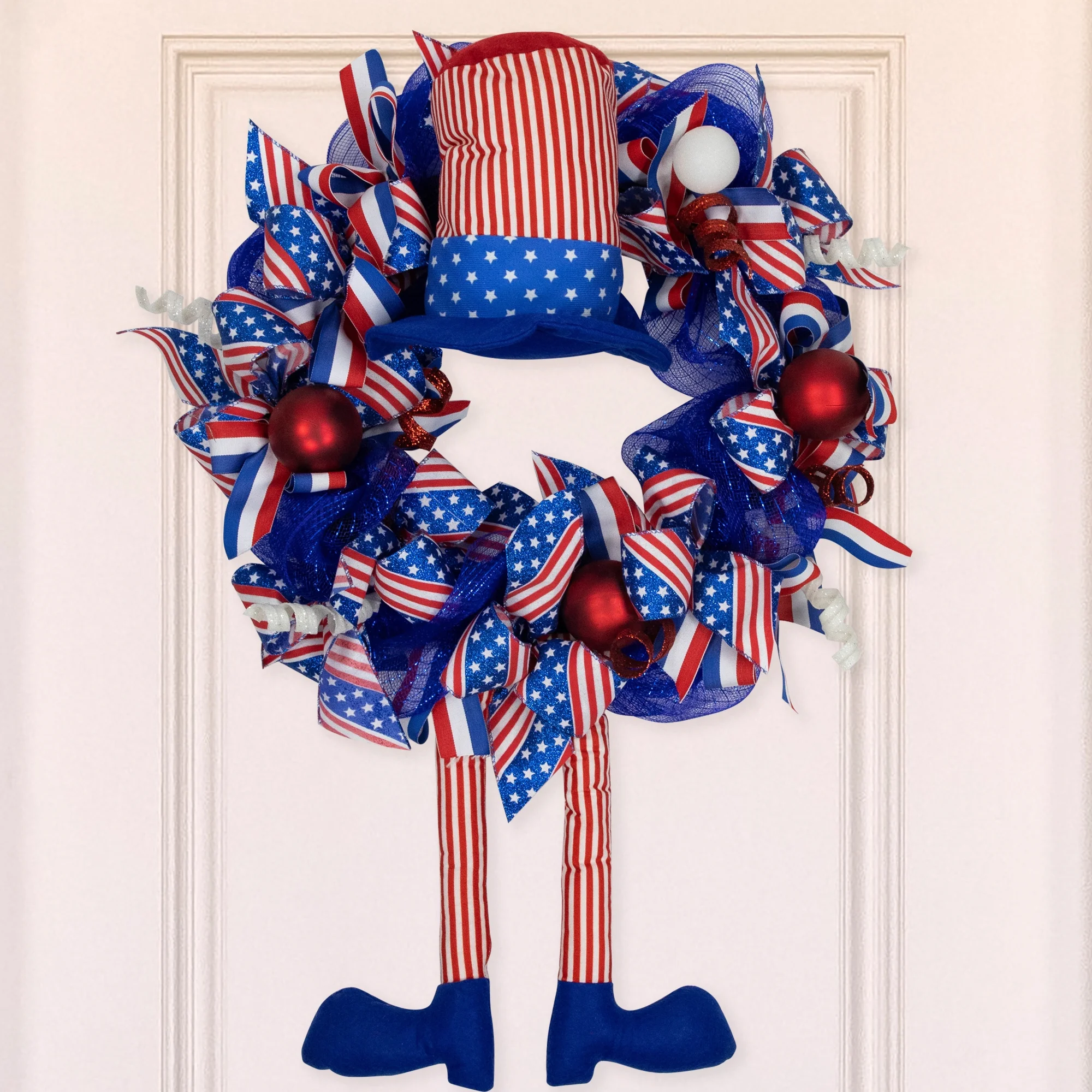 Northlight Patriotic Hat with Legs Deco Mesh Ribbon Wreath - 24"