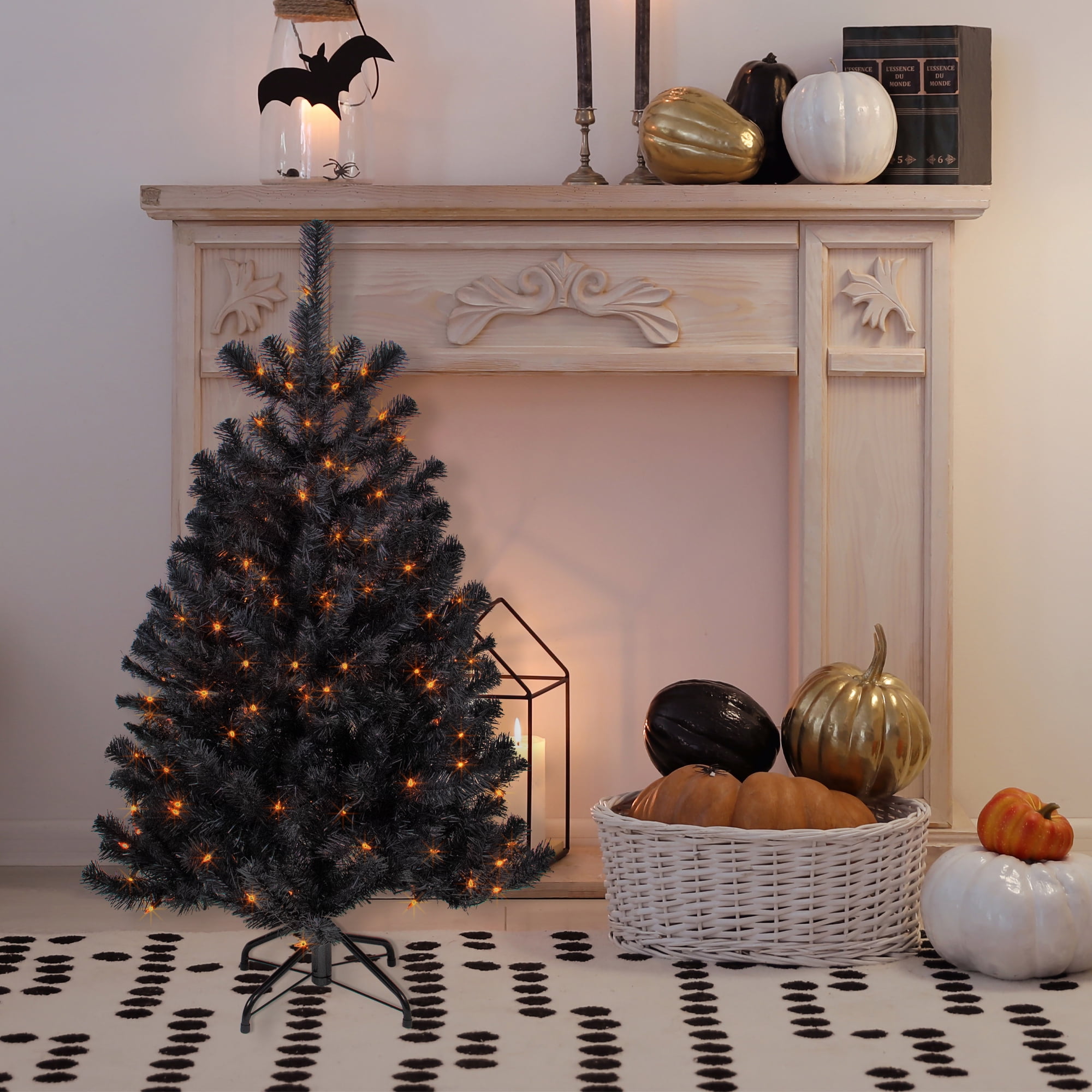 Northlight Pre-Lit Black Noble Spruce Artificial Halloween Tree - 4' Black Wire - Orange Lights
