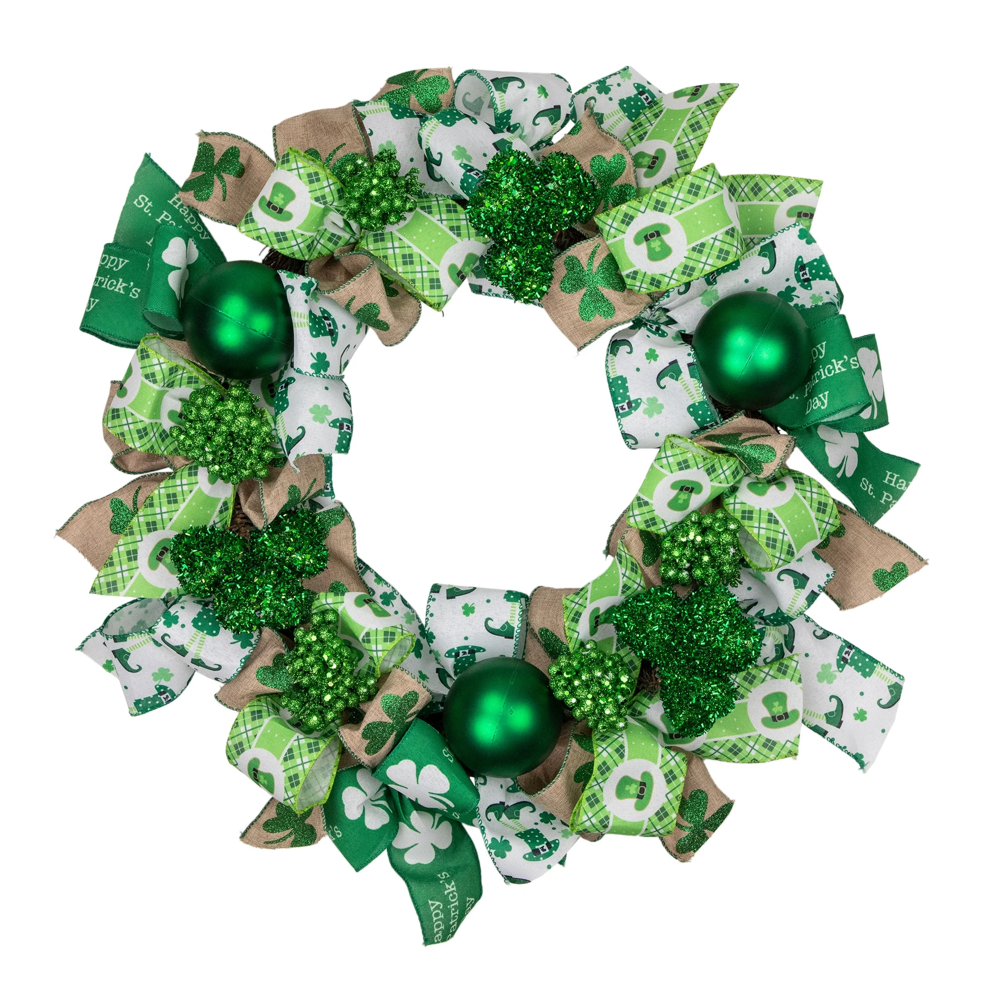 Northlight Ribbons and Shamrocks St. Patrick's Day Wreath, 24-Inch, Unlit
