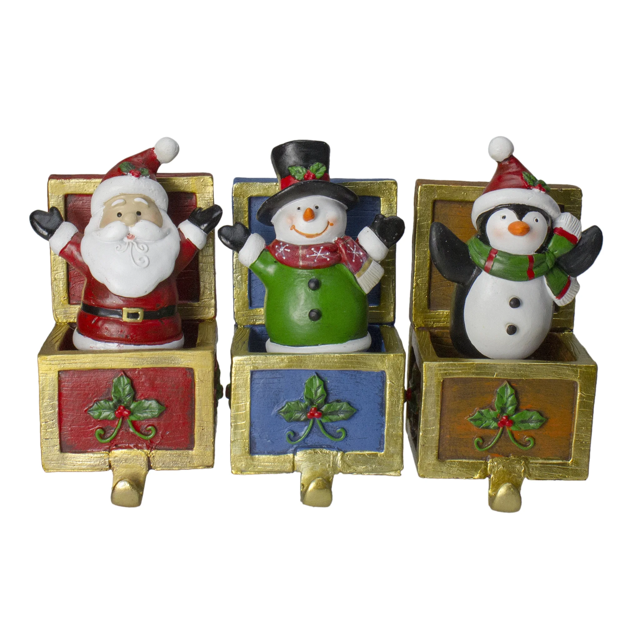 Santa Snowman and Penguin in Gift Boxes Christmas Stocking Holders - Set of 3 - 6"