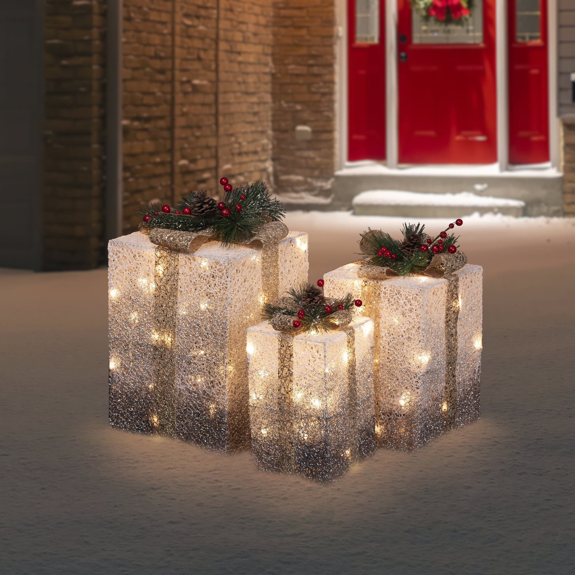 Northlight Set of 3 Silver Mesh Glittered Gift Boxes Outdoor Decorations