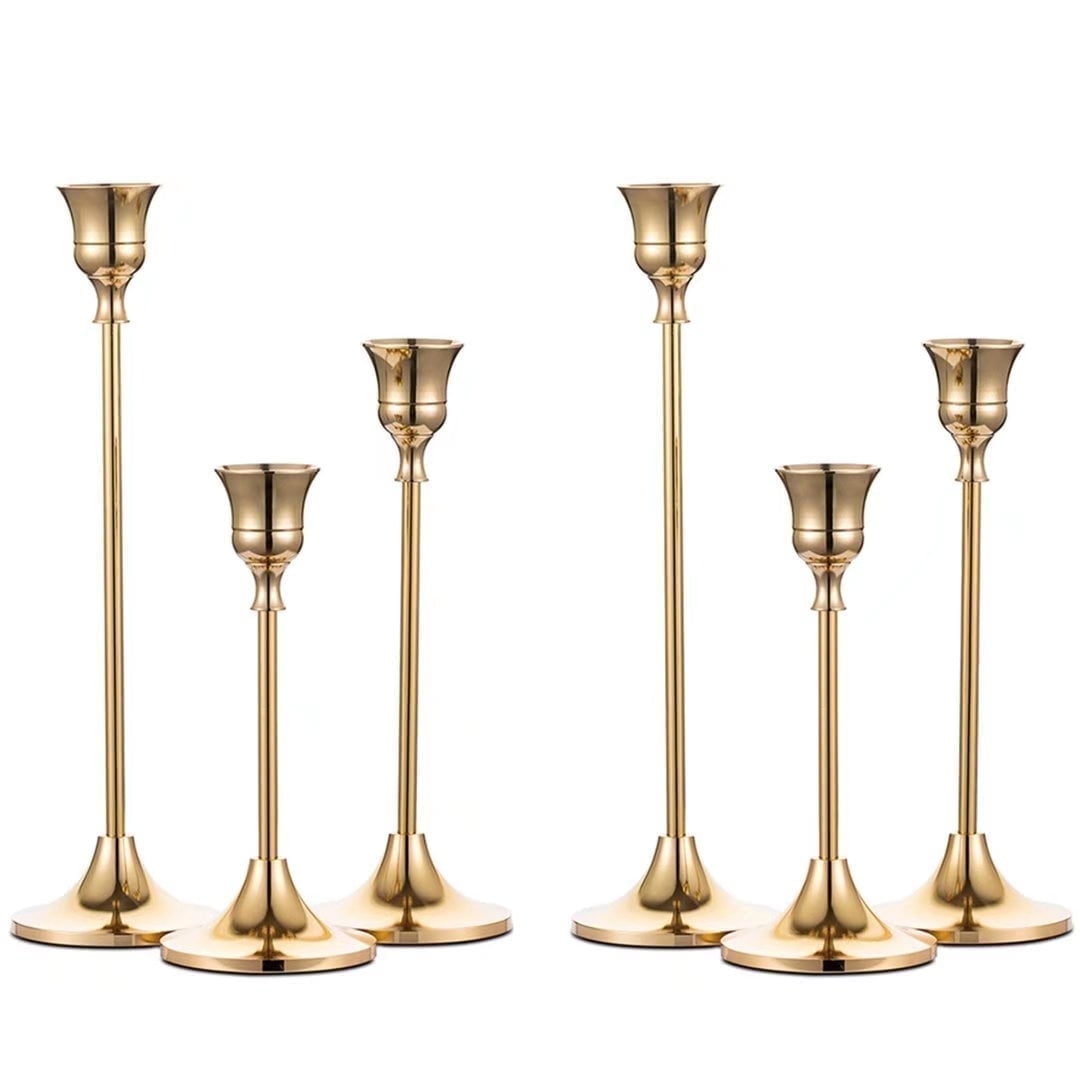 Nuptio 2 Sets(6 Pcs) Brass Gold Metal Taper Candle Holders Candlestick Holders