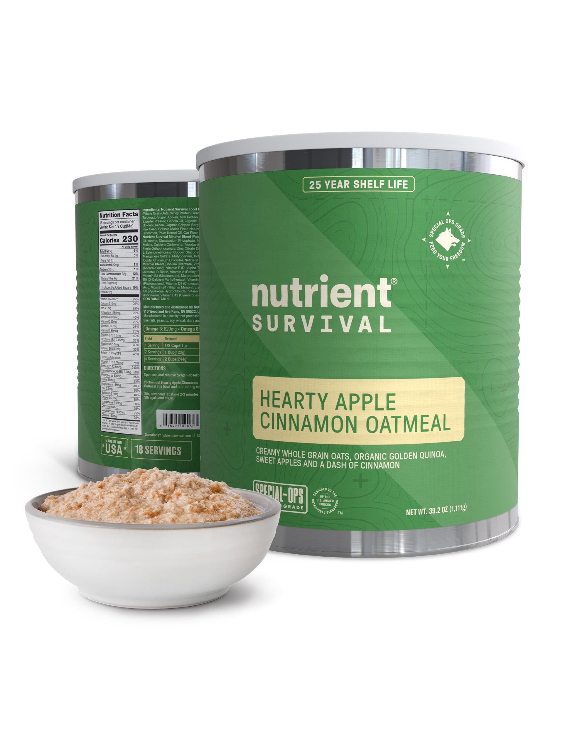 Nutrient Survival Hearty Apple Cinnamon Oatmeal, Emergency Food, Gluten Free, 18 Servings
