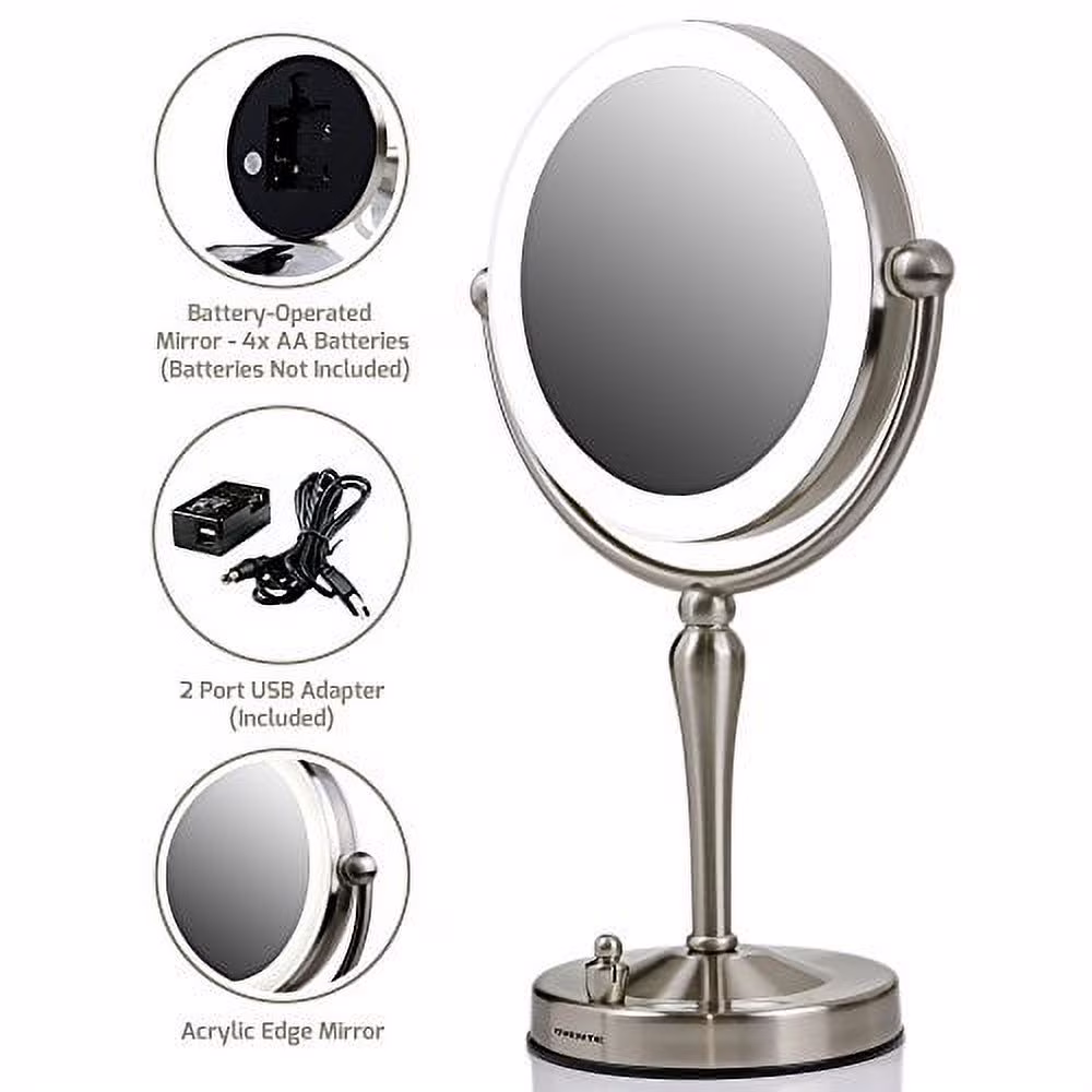 Ovente Lighted Makeup Mirror Tabletop 7.5'' 360 Degree Double Sided Spinning 1X 5X Round Magnifier, LED with Dimmer Switch, Acrylic Edge, Battery & USB Adapter Operated, Nickel Brushed MKT75BR1X5X