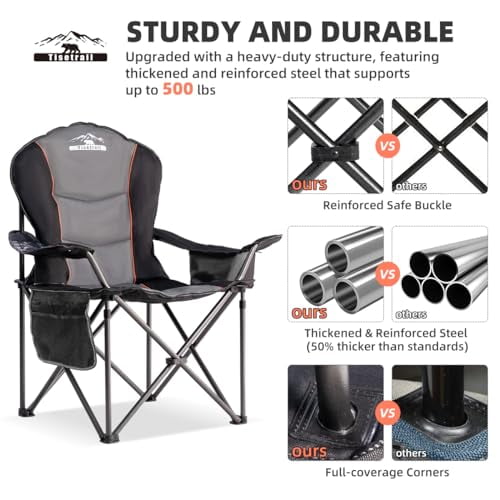 Oversized Camping Chair Folding Chair with Cooler Padded Outdoor Chairs Heavy Duty Support 500 LBS Steel Frame Collapsible Arm Chair with Cup Holder Black&Gray