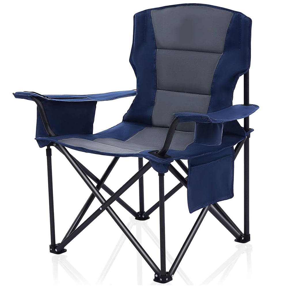 Oversized Camping Outdoor Chair Support 400 LBS Carry Bag Included, Heavy Duty Full Padded Folding Chairs with Lumbar Support, Cooler Bag, Mesh Cup Holder, Pocket for Lawn,Sport(Grey&Navy)
