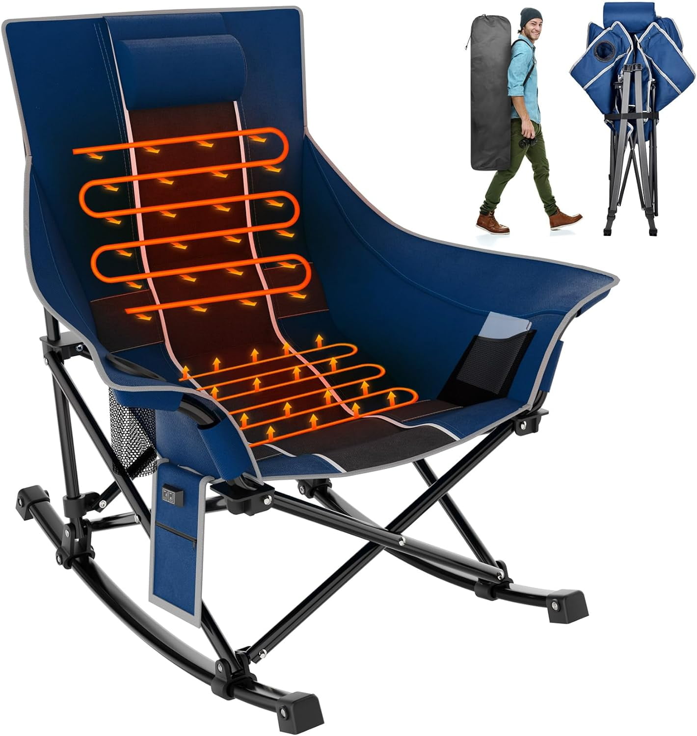 Oversized Heated Camping Chair, XL Rocking Camping Chair W/3 Heat Levels for Back & Seat, Portable Folding Heated Chairs Outdoor Sports for Patio Lawn Outdoor Travel, Power Bank(Not Included)