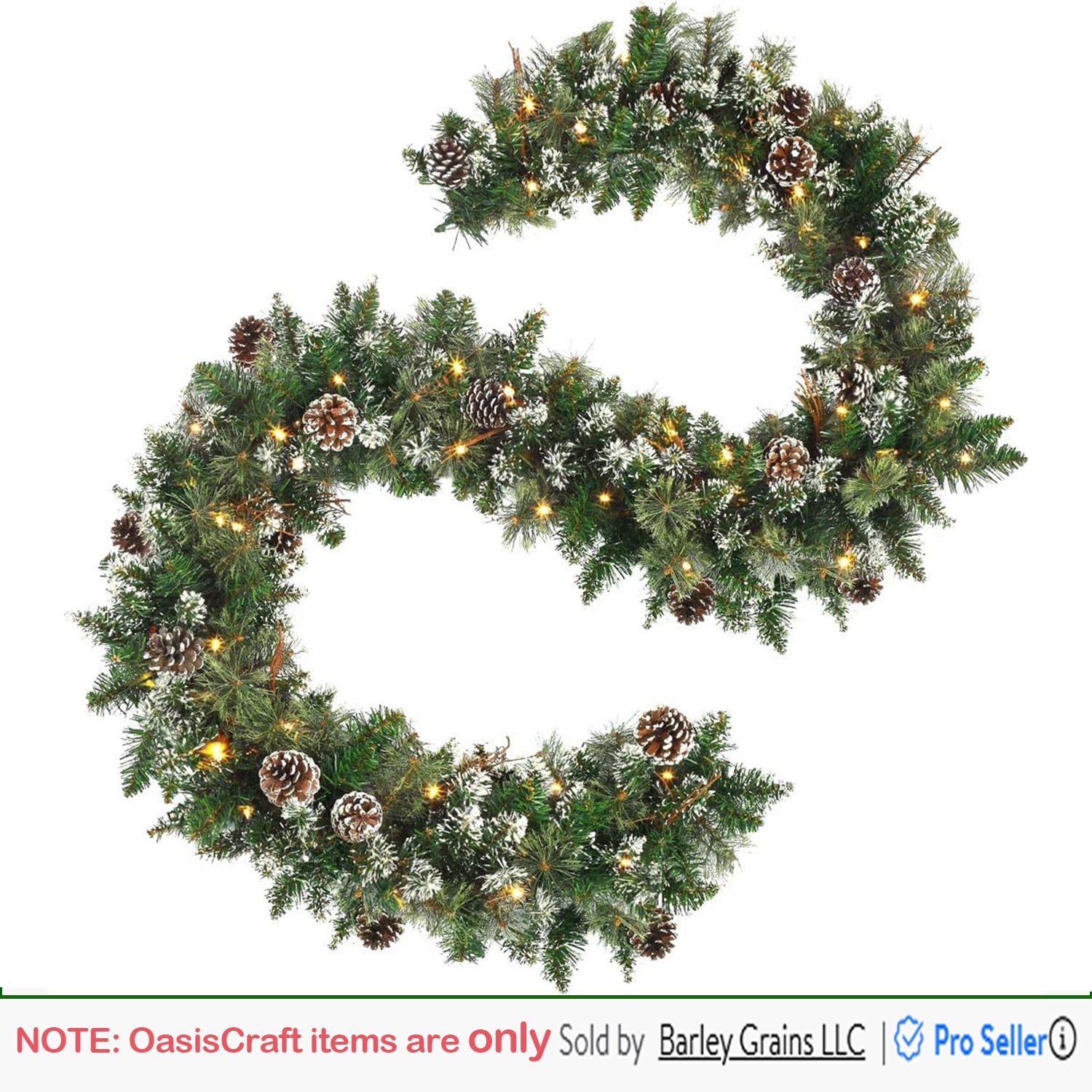 OasisCraft Artificial Snowy Pine Prelit Full Clear LED Battery Operated Garland, 9' (Green)