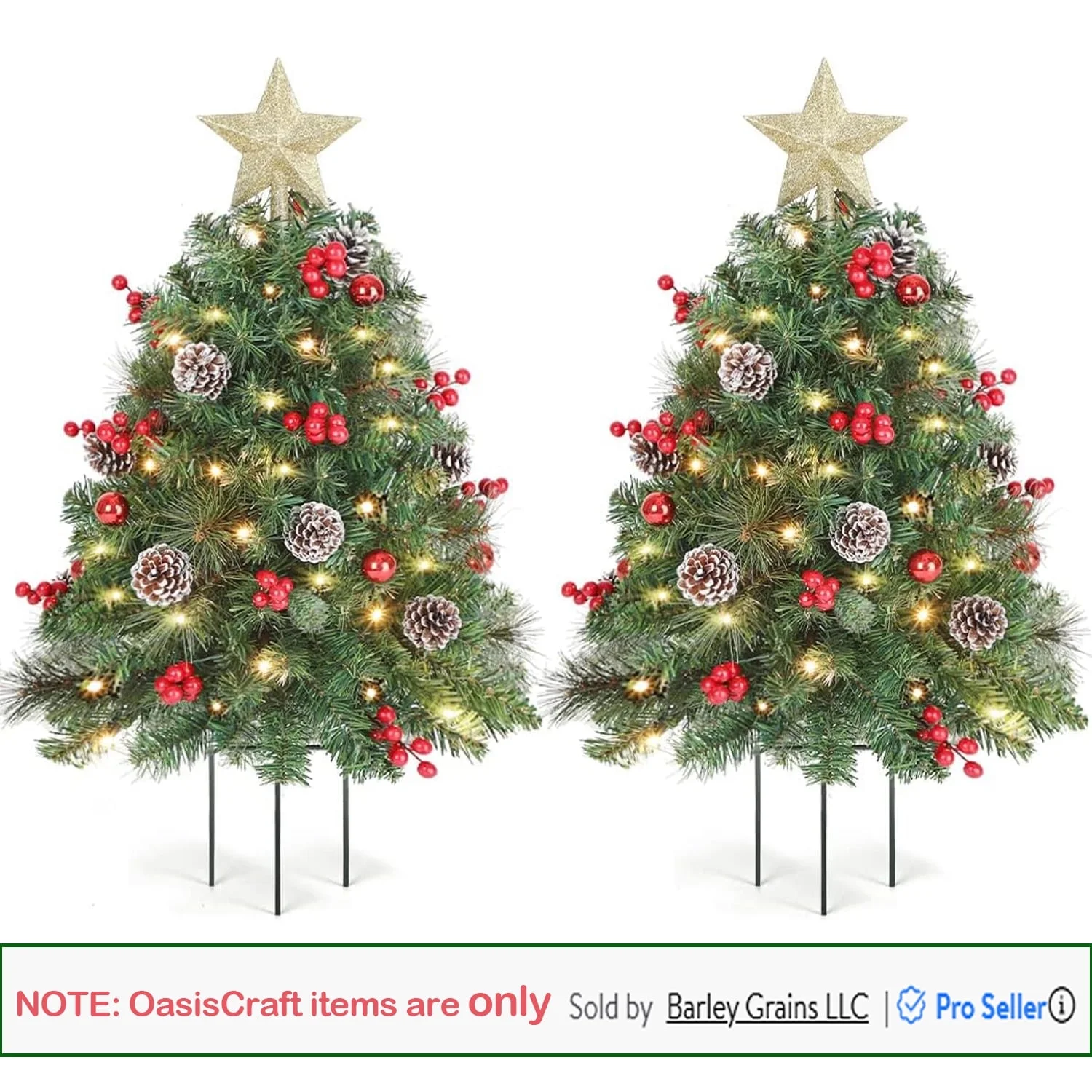 OasisCraft 2 Pack 23 inch Christmas Trees with LED Lights, Outdoor Prelit Christmas Trees, Small Artificial Christmas Tree with Ornaments for Porch, Driveway, Yard, Garden