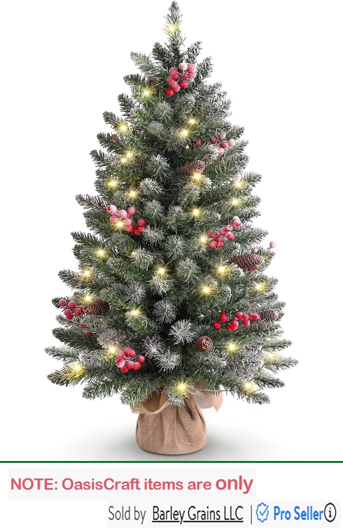 OasisCraft 3ft Tabletop Christmas Tree, Pre-Lit Xmas Tree with Cloth Bag Base, Mini Christmas Tree with LED Lights, Artificial Christmas Tree with Pine Cones Red Berries