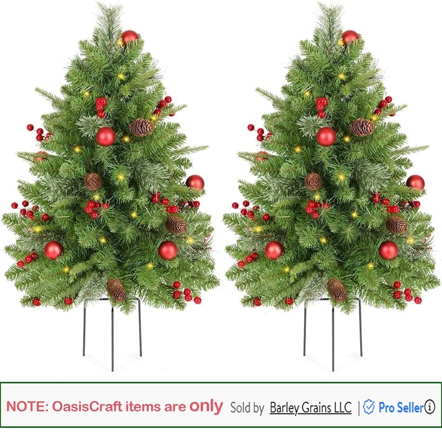 OasisCraft 3ft Pre-Lit Christmas Tree Set of 2, LED Porch Decorations, 260 Branch Tips Lush, Pine Cones