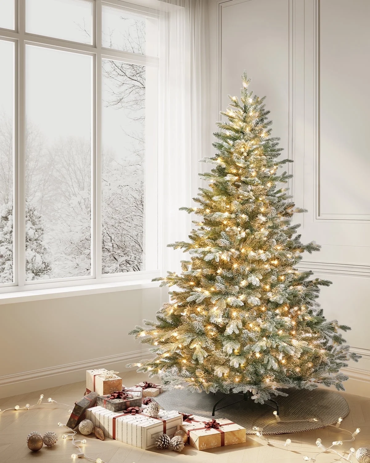 OasisCraft 6.5ft Pre-Lit Snow Flocked Aspen Fir Artificial Christmas Tree, 813 Branch Tips 350 Lights