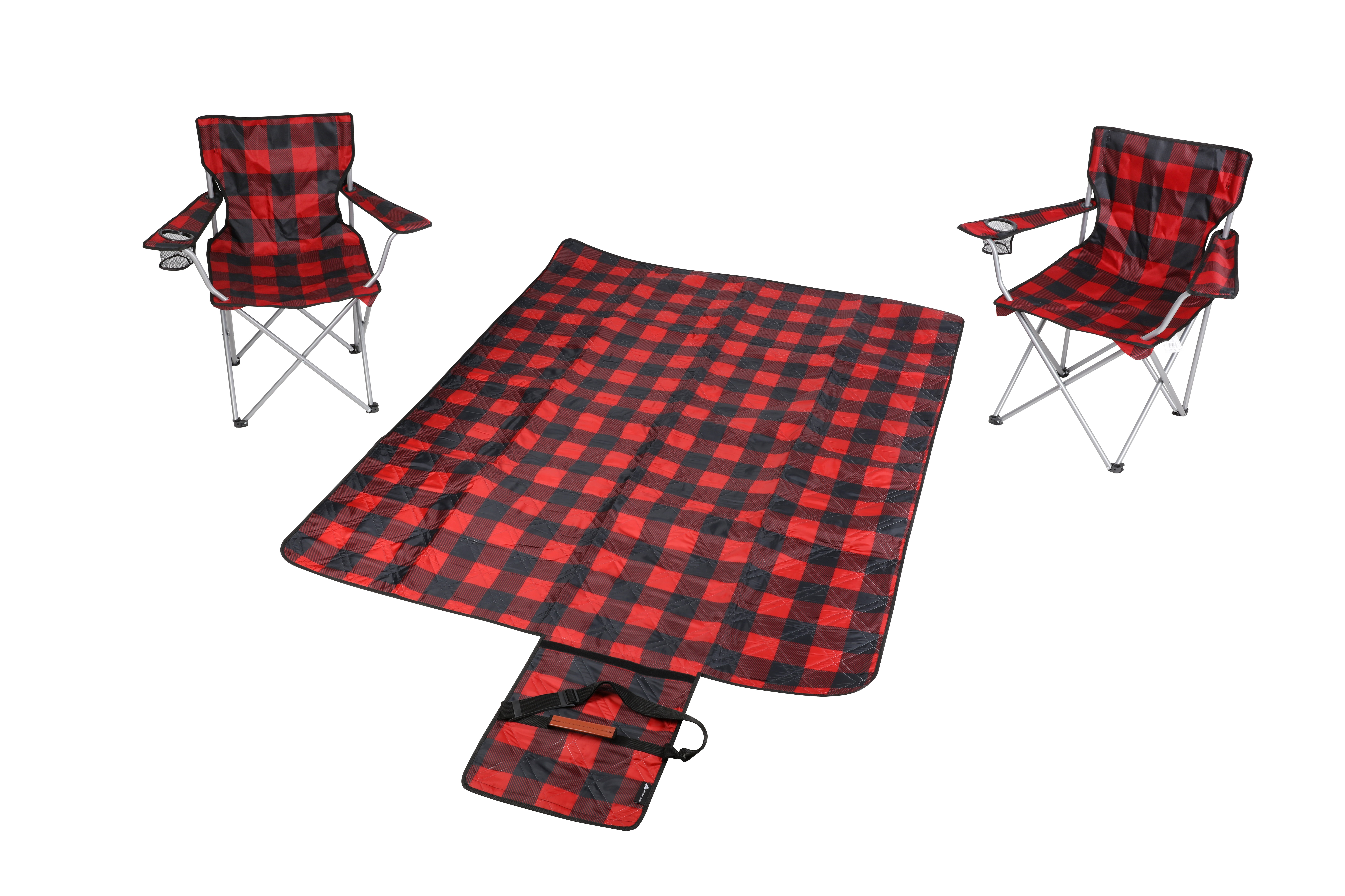 Ozark Trail 3 Piece Buffalo Plaid Camping Chairs and Blanket Combo, Red