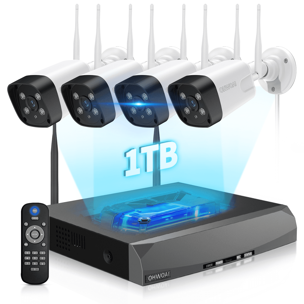 OHWOAI 5MP Dual Antennas Wireless Security Camera System, 4 Home Cameras Surveillance Wireless with 1TB Hard Drive