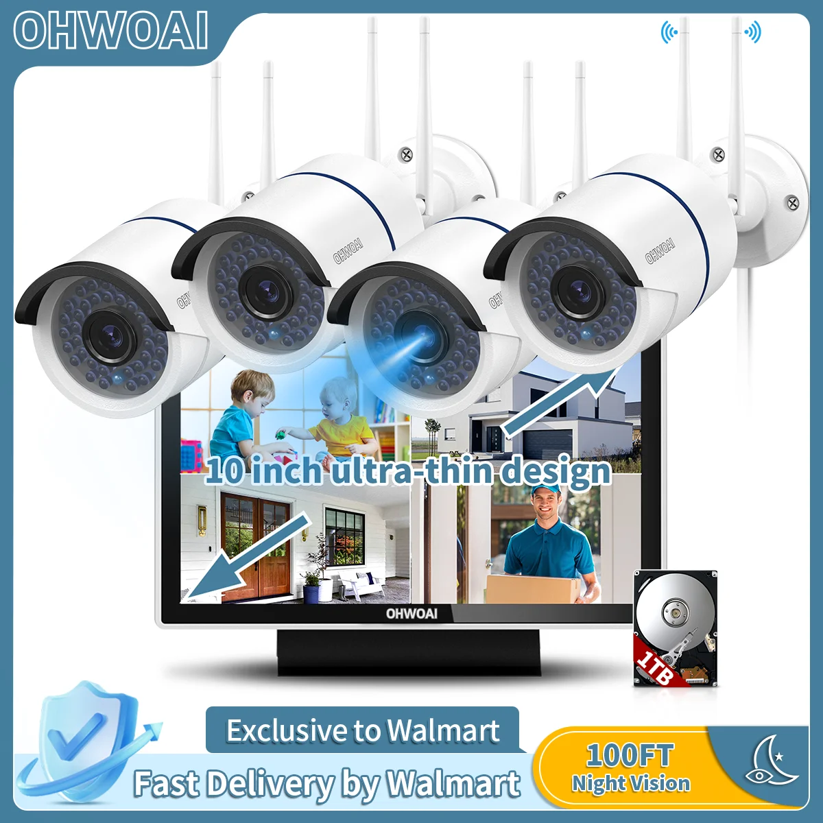 OHWOAI Wireless Security Camera System Outdoor with Monitor,2 Antenna Signal Enhance,100ft Super Night Vision