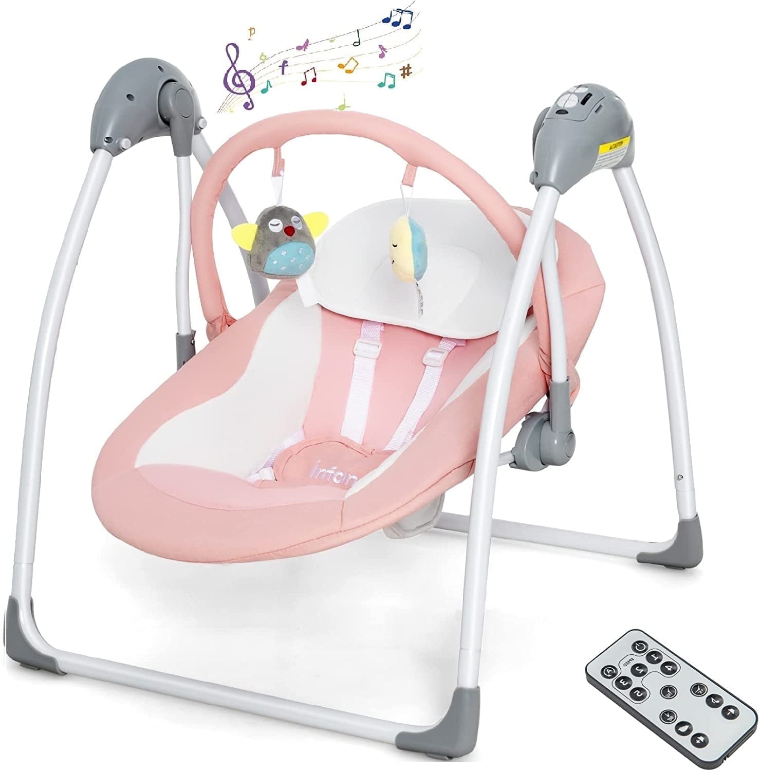 OLAKIDS Baby Swing for Infants, Compact Portable Baby Electric Rocker Chair for Newborn with 5 Speed Natural Sway Music Timing 2 Toys Remote Control, 0-6 Months Boy Girl (Pink)