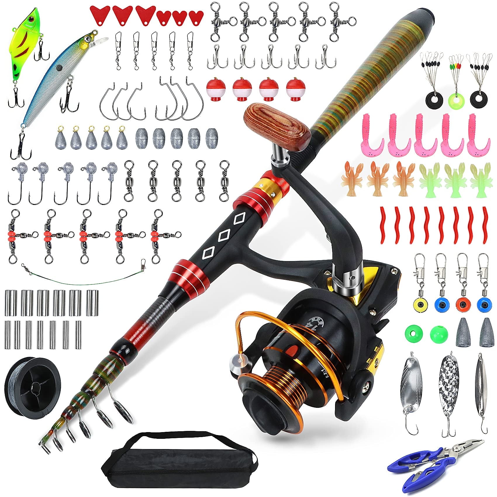 OUKNAK Telescopic Fishing Rod and Reel Combo Set Spinning Reel Kids Fishing Line Black