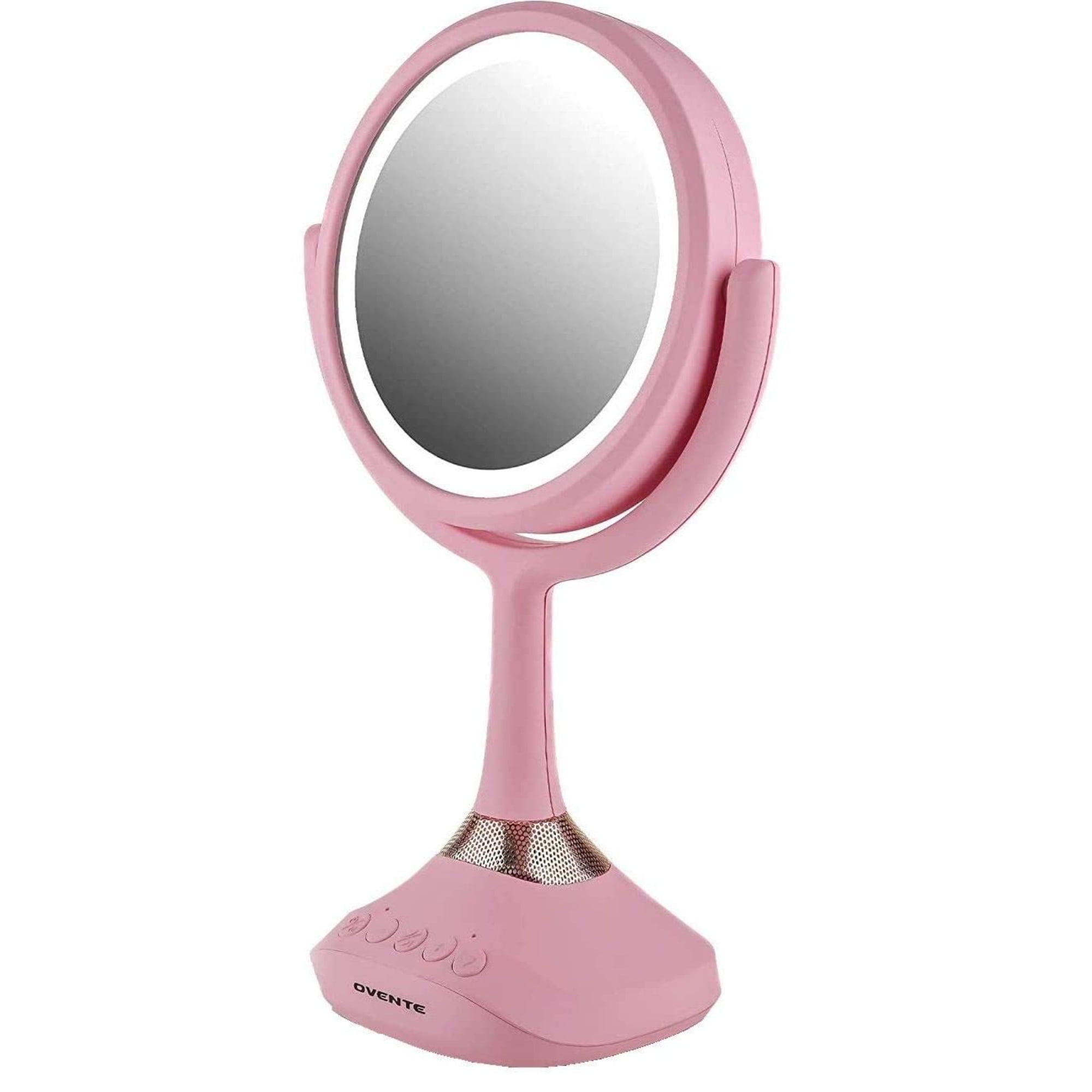 OVENTE 6'' Lighted Round Vanity Mirror, Table Top, 360 Degree Spinning, 1X 5X Magnifier, MP3 Audio, Baby Pink MRT06P1X5X