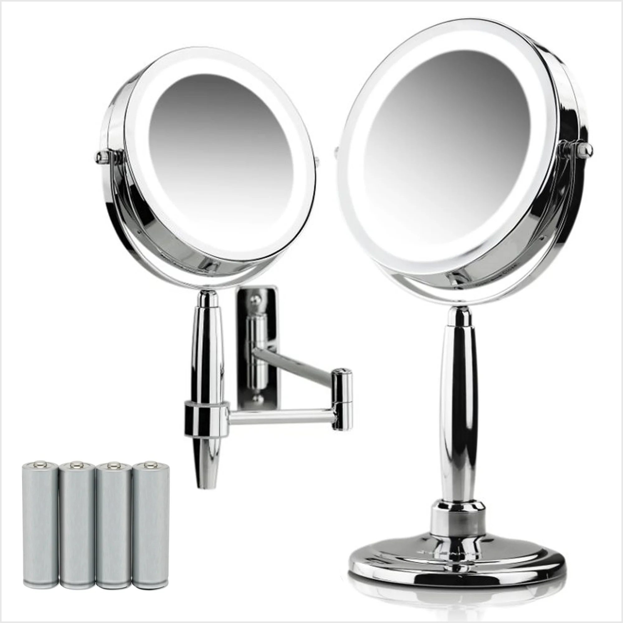 OVENTE 7'' Hand Mirror, 1X 8X Magnifier, Tabletop & Wall Mount, Three Tone LED Lights, Polished Chrome MFM70CH1X8